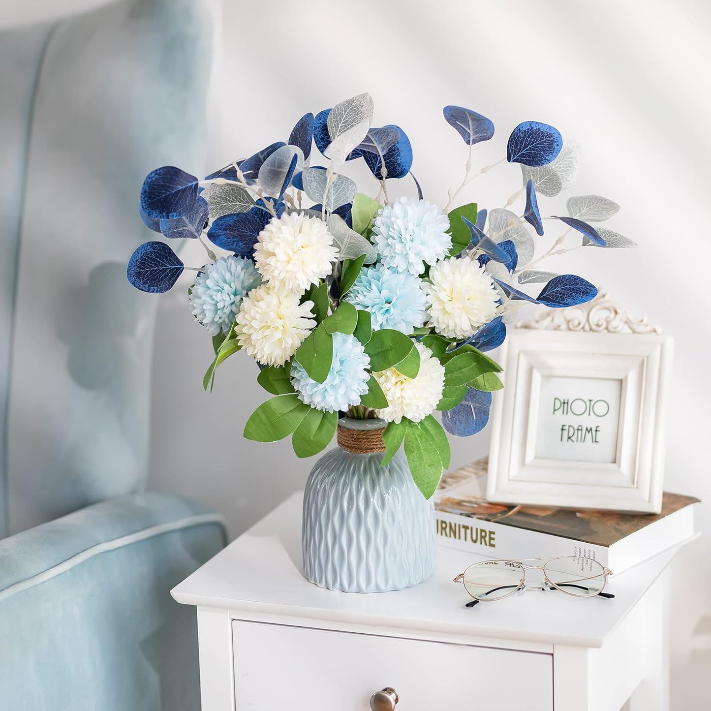 BLOSMON White Fake Flowers with Vase: Small Coffee Table Decor Bathroom Hydrangea Faux Flowers in Vase Office Desk Shelf Home Living Room Bedroom Vanity nightstand Decorations Floral Arrangement