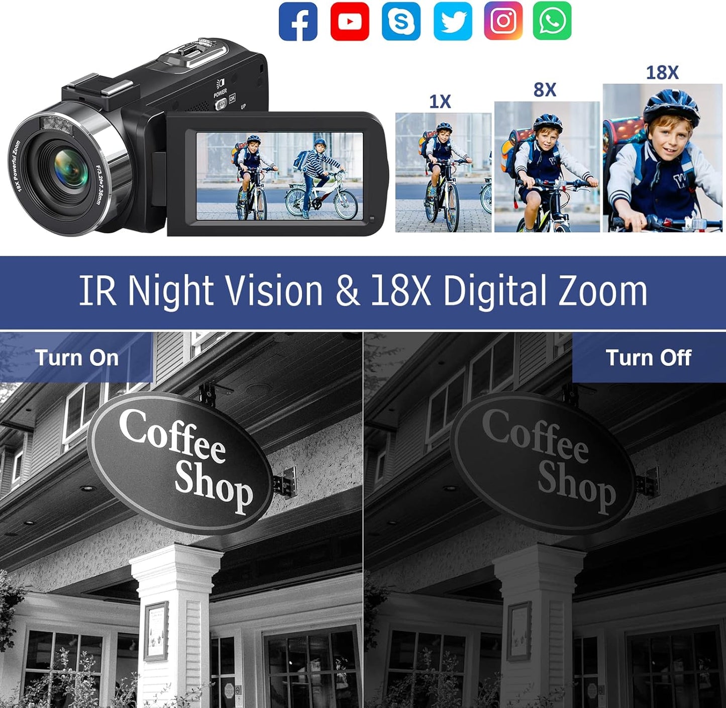 6K Camcorder Video Camera HD 64MP IR Night Vision Vlogging Camera for YouTube 18X Digital Zoom 4.0 Inch Touch Screen Video Camera with WiFi, Microphone, Stabilizer, Remote Control, 64GB SD Card