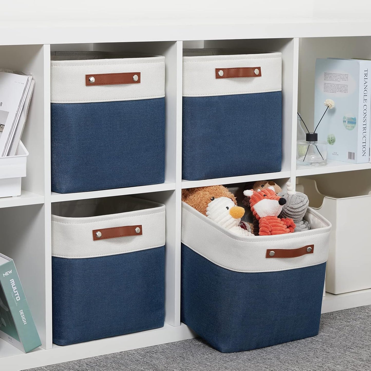 DULLEMELO Storage Baskets for Shelves, Fabric Collapsible Rectangular Storage Bins for Shelves, Closets, Nursery, Home, Office, Empty Gift Baskets (White&Teal)