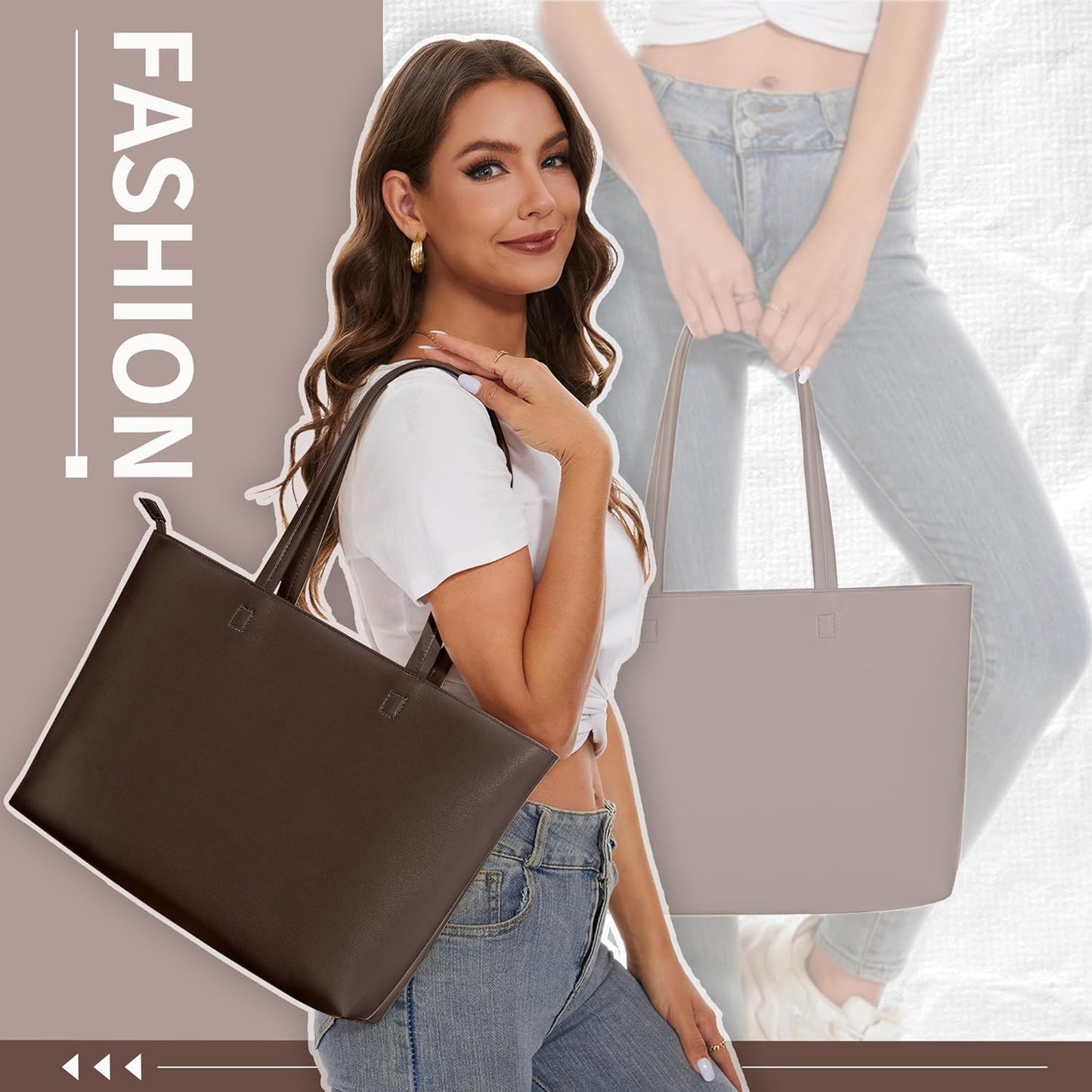 KALIDI Tote Bag Zipper Shoulder Bag Faux Leather Purses for Women Large Casual Handbag Work Dating College