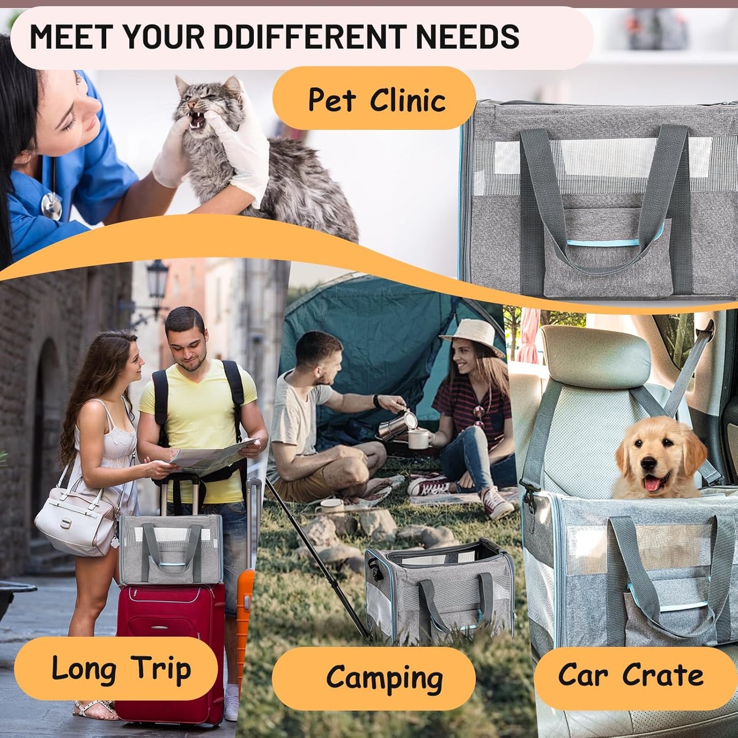 UNICITII Pets Carrier for Small Cat, Dog Medium Cats Puppies up to 20 Lbs, Airline Approved Carrier Soft Sided, Collapsible Travel Puppy Carrier (Grey-with Wheels)