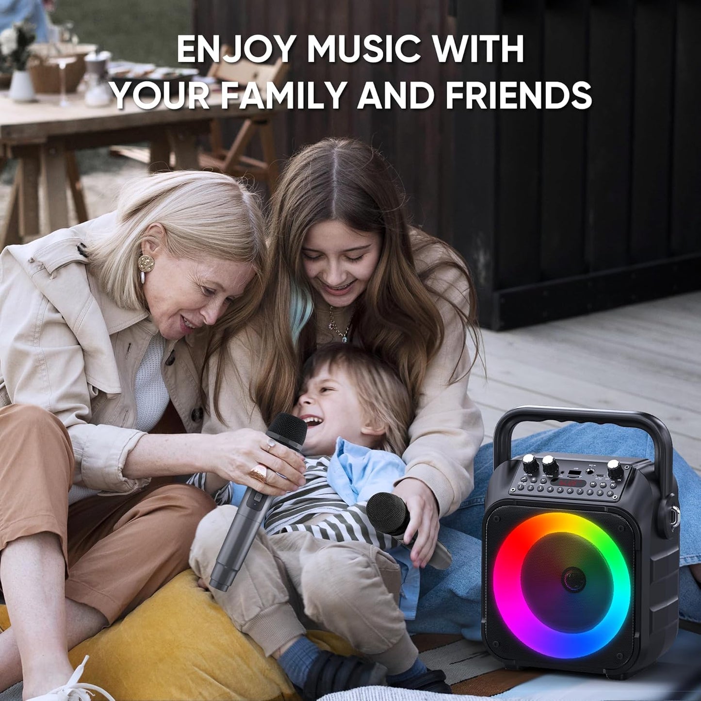Karaoke Machine, Portable Bluetooth PA Speaker with 2 Wireless Microphones for Adults & Kids with Lights, Karaoke Microphone with PA System Supports USB/TF/REC/FM/AUX for Home Party(Black)