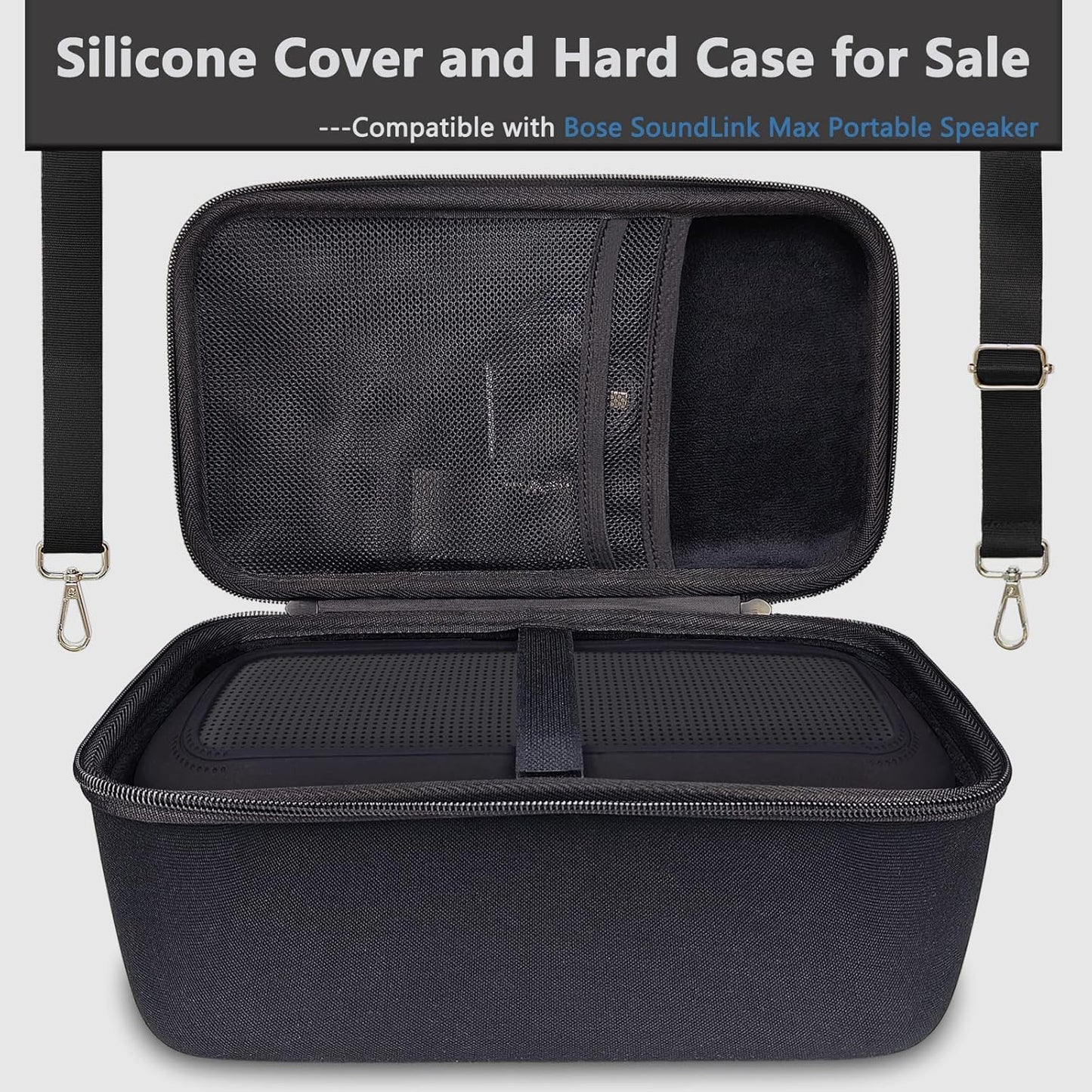 JCHPINE Silicone Cover and Hard Carrying Case for Bose SoundLink Max Portable Speaker, Protective Travel Case for Bose SoundLink Max Speaker Accessories with Shoulder Strap (Black)