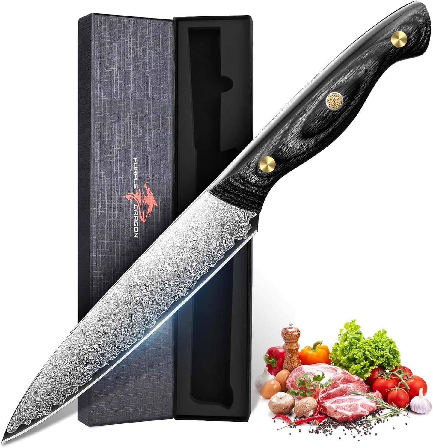 Purple Dragon Damascus Fish Fillet Knife - 7 inch Flexible Boning Knife with VG10 Core, Kitchen Slicing Knife with Full Tang Handle, Birthday Dad Mom Gift