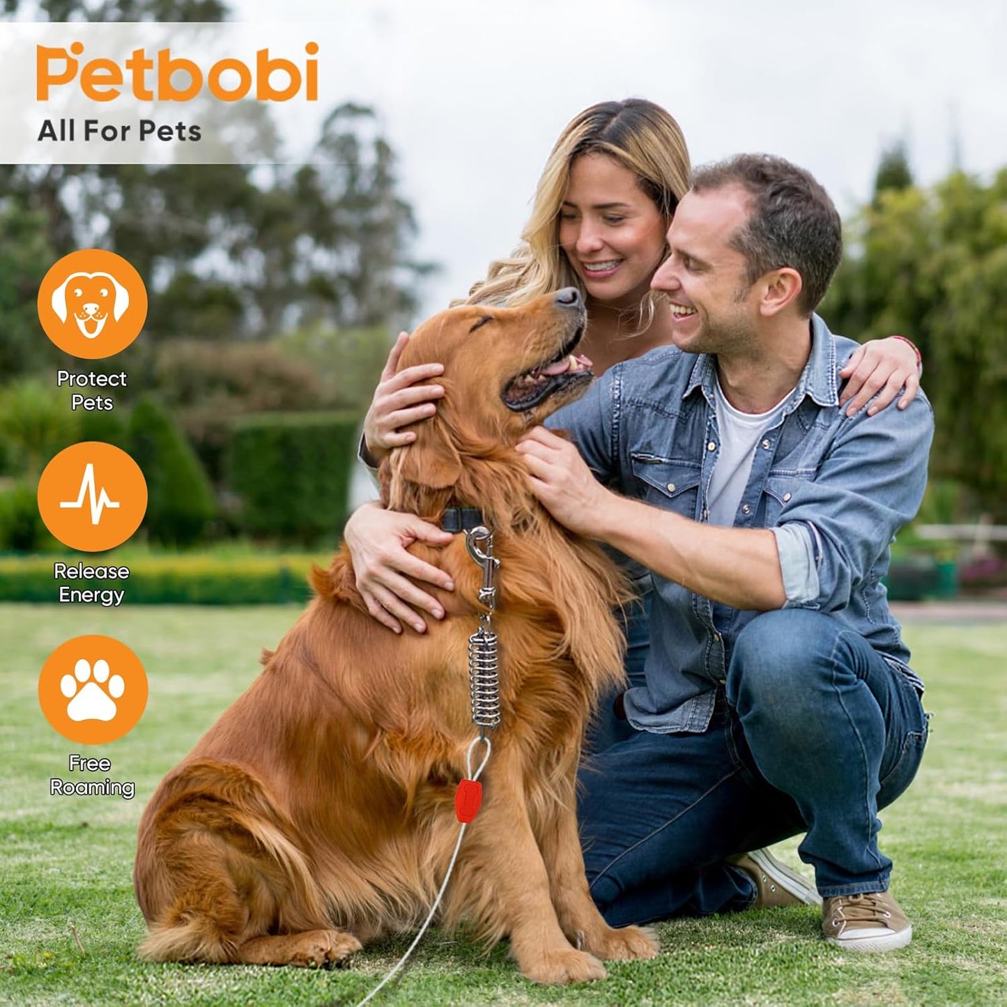 Petbobi Dog Tie-Out Cable and Stake - 30ft Heavy Duty Cable with Spring, No Tangle, 16in Ground Stake, Ideal for Yard, Camping and Beach, Suitable for Small Medium Large Dogs Up to 120 lbs, Blue