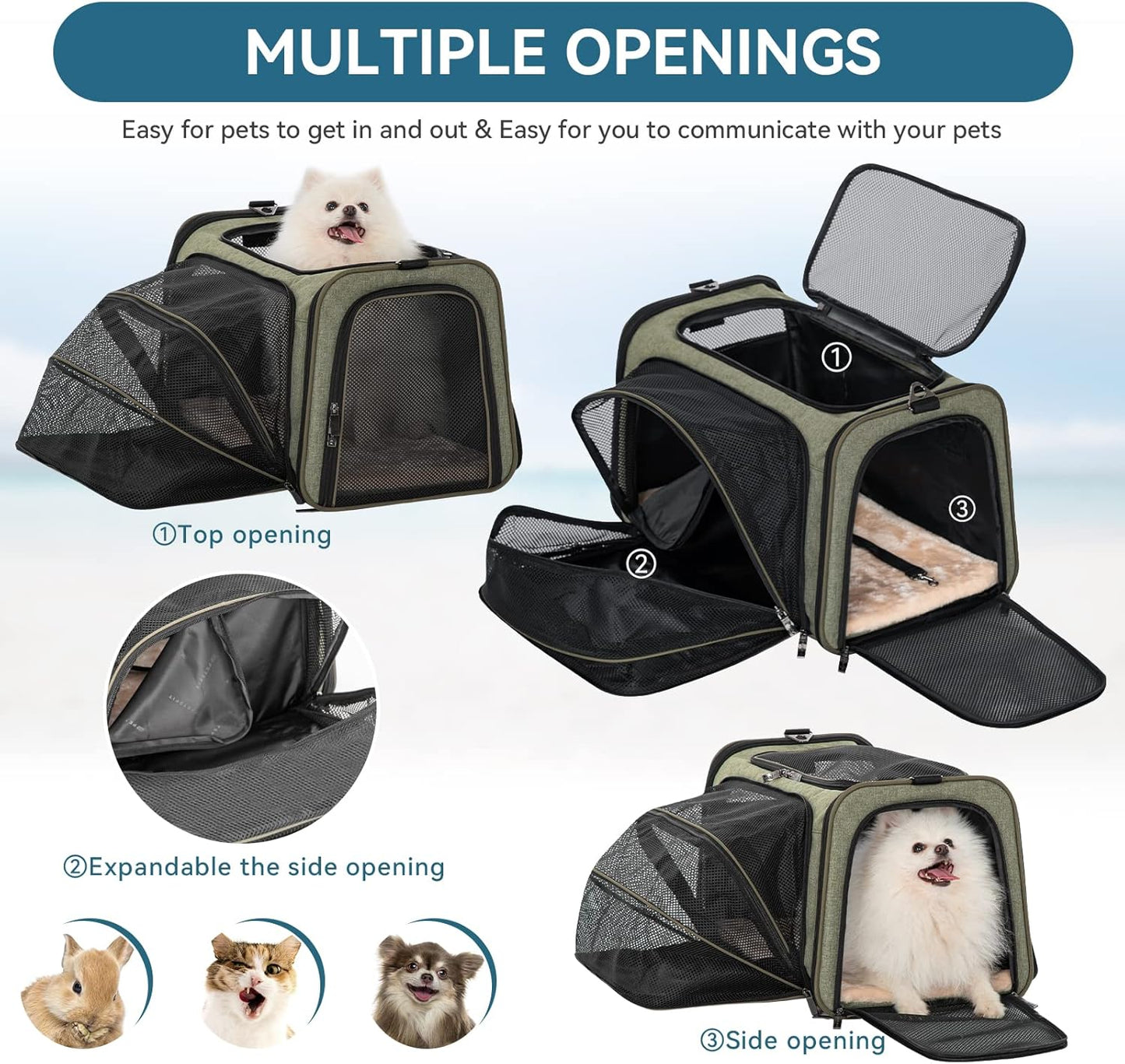 Petsfit Expandable Cat Dog Carrier Airline Approved, 17" L x 11" W x 11" H Soft-Sided Portable Pet Travel Carrier for Kitten, Puppy, Removable Soft Plush Mat and Pockets, Auto-Locking Zippers