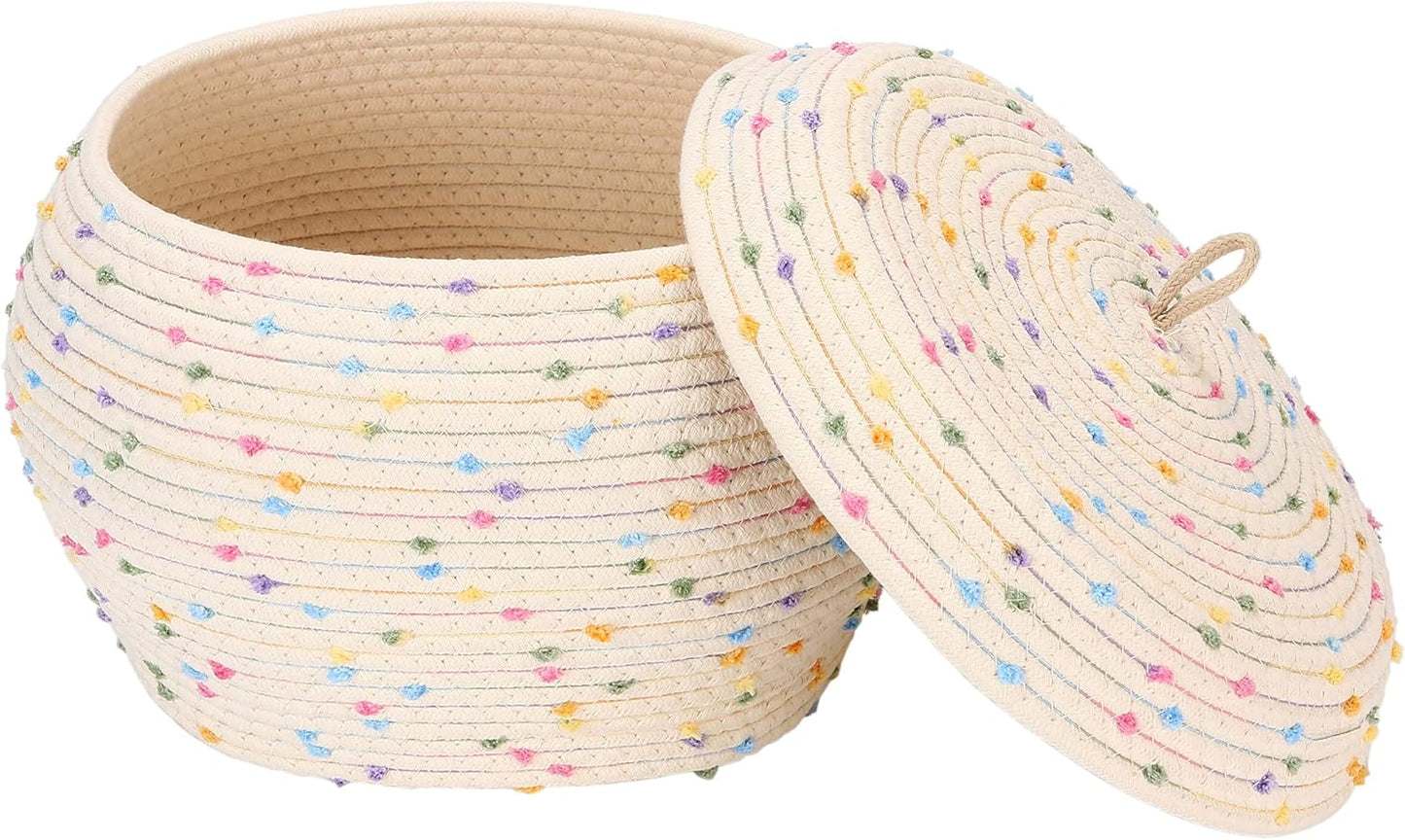 Sea Team Round Cotton Rope Storage Basket with Lid, Decorative Woven Storage Bin, Pot, Caddy, Organizer, Container for Snacks, Towels, Plants (Grey, Small)