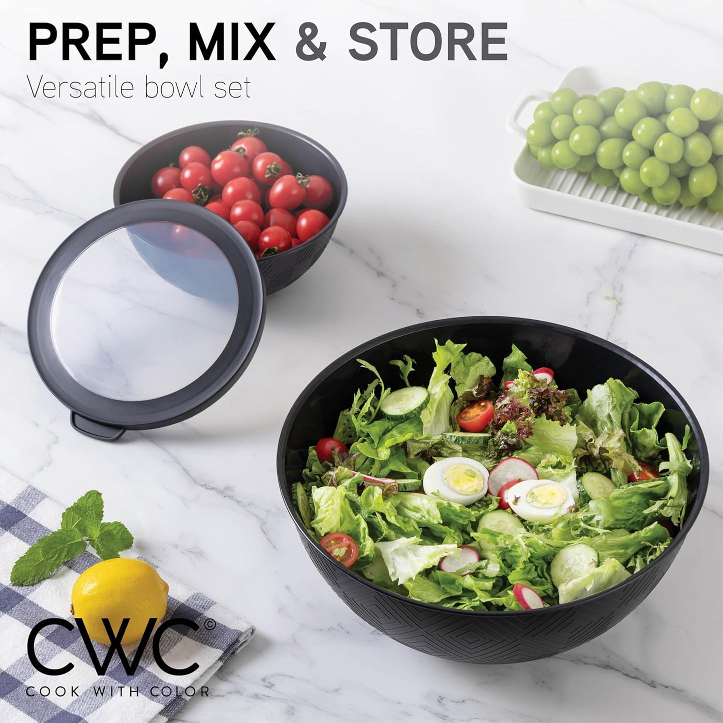 COOK WITH COLOR Mixing Bowls with TPR Lids - 12 Piece Plastic Nesting Bowls Set Includes 6 Prep Bowls and 6 Lids, Microwave Safe Mixing Bowl Set (Green)