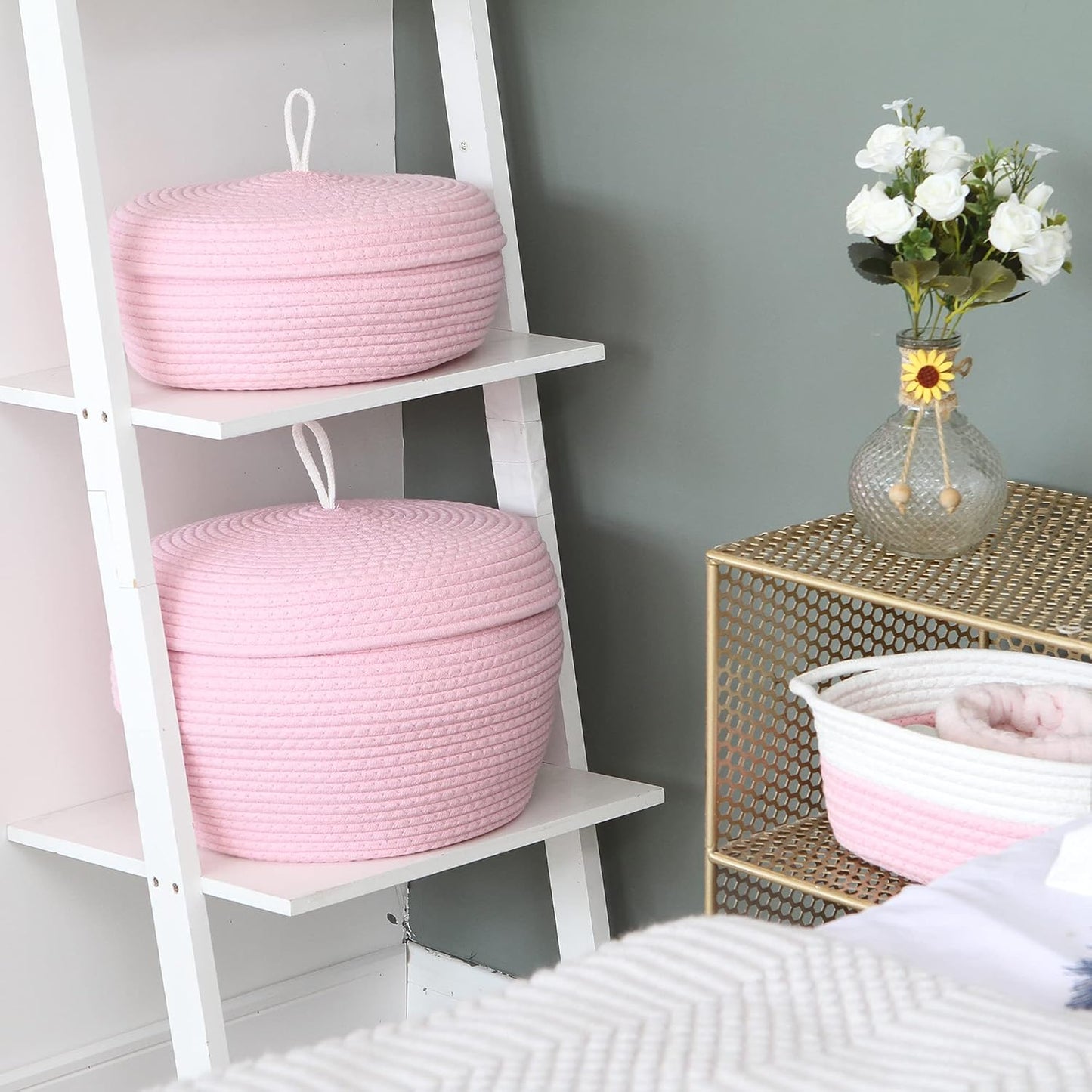 Sea Team Round Cotton Rope Storage Basket with Lid, Decorative Woven Storage Bin, Pot, Caddy, Organizer, Container for Snacks, Towels, Plants (Grey, Small)