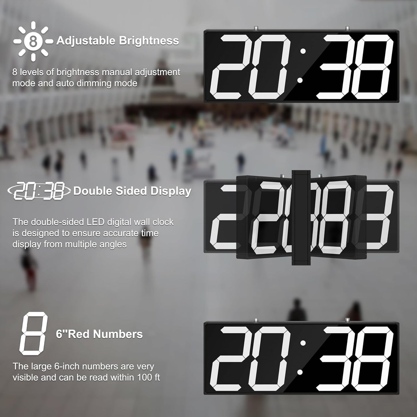 CHKOSDA Digital Wall Clock with Double Sided Display, Large Digital Clock with Timer,Alarm,Temperature and Date,Two Faced Hanging Wall Clock with 6''Number (White)