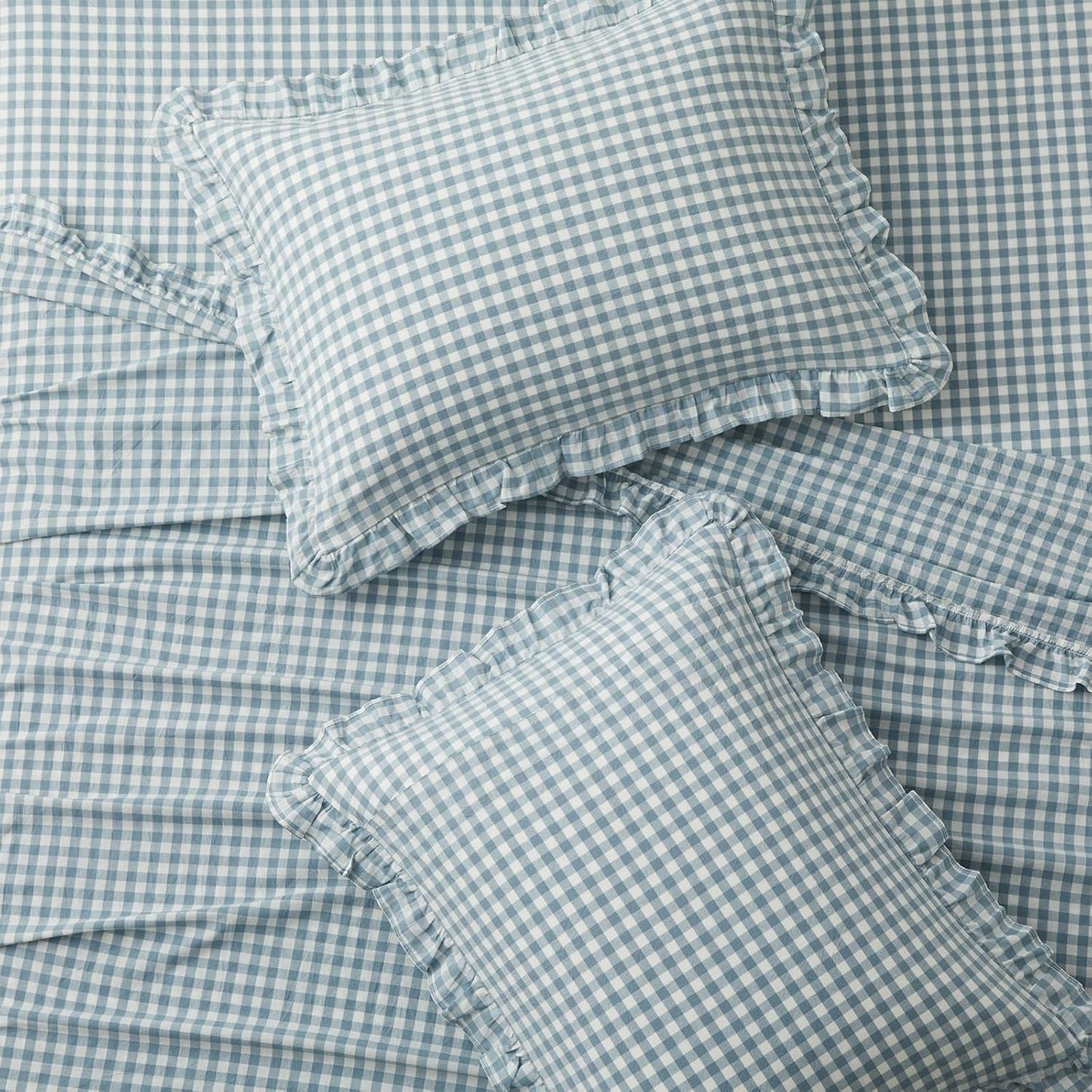 KKJIAF 3 Pieces Plaid Ruffle Twin Bed Sheets, Gingham Twin Sheet Set Comfy Breathable Ruffed Bed Sheet Set with 16 Inch Deep Pocket, Dusty Blue