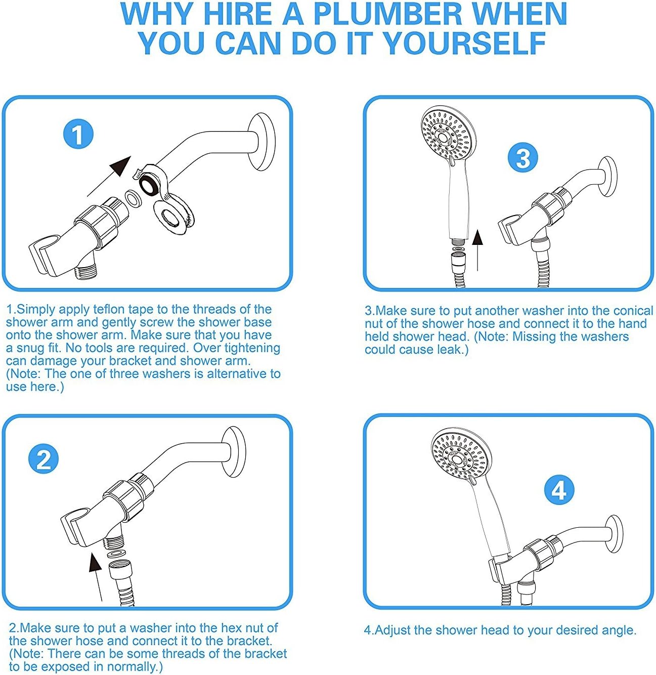 Shower Head, High Pressure Handheld Showerhead with Hose, 5 Settings Chrome Finished Hand Held Rainfall Shower Set- Including Bracket Teflon Washer