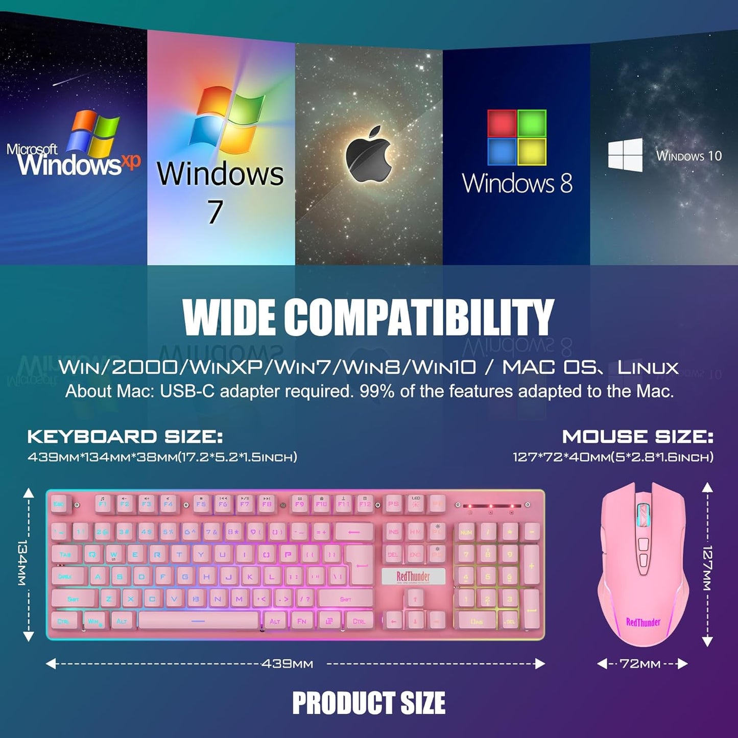 RedThunder K10 Wireless Gaming Keyboard and Mouse Combo, LED Backlit Rechargeable 3800mAh Battery, Mechanical Feel Anti-ghosting Keyboard + 7D 3200DPI Mice for PC Gamer (Black)