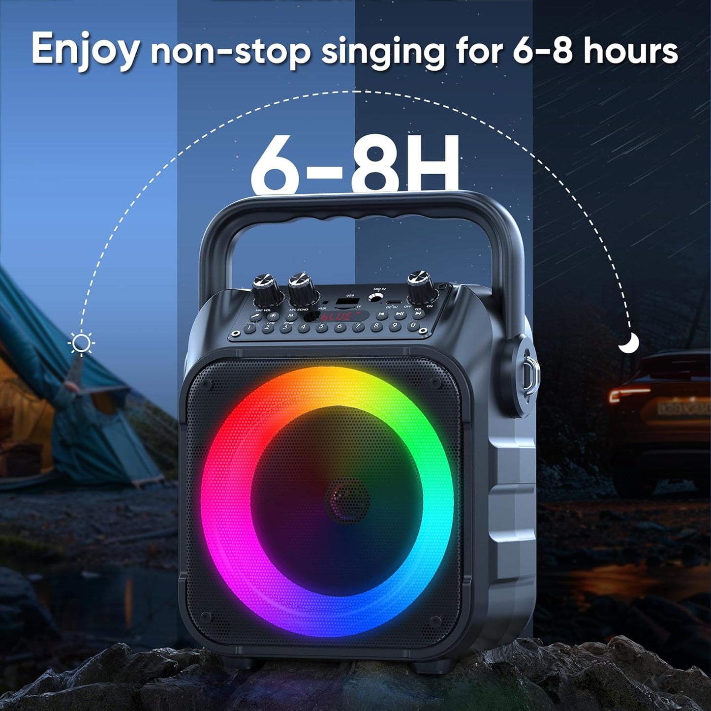Karaoke Machine, Portable Bluetooth PA Speaker with 2 Wireless Microphones for Adults & Kids with Lights, Karaoke Microphone with PA System Supports USB/TF/REC/FM/AUX for Home Party(Black)