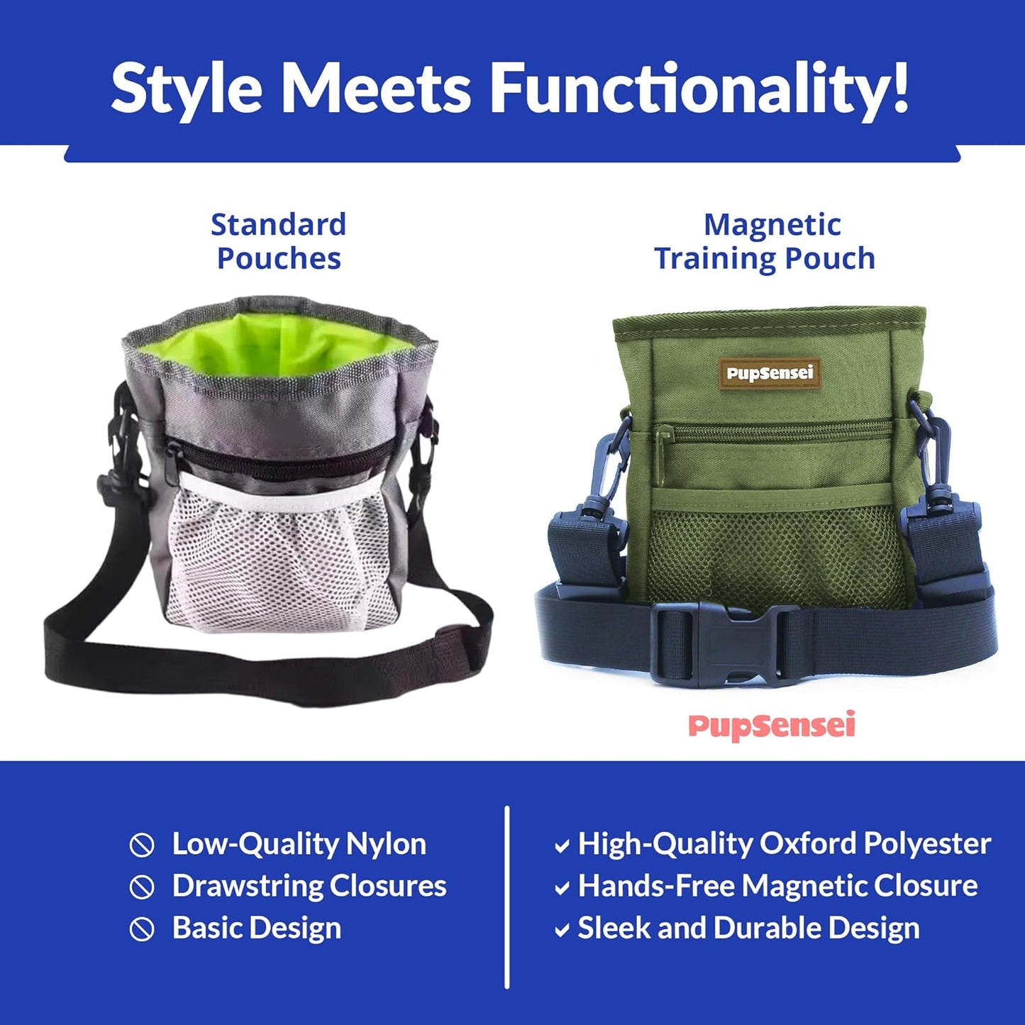 PupSensei Dog Treat Pouch, Durable Oxford Polyester, No-Spill Magnetic Closure, Treat Pouches for Pet Training with Metal Clip, Waist Belt, Adjustable Strap, Poop Bag Dispenser (Army Green)