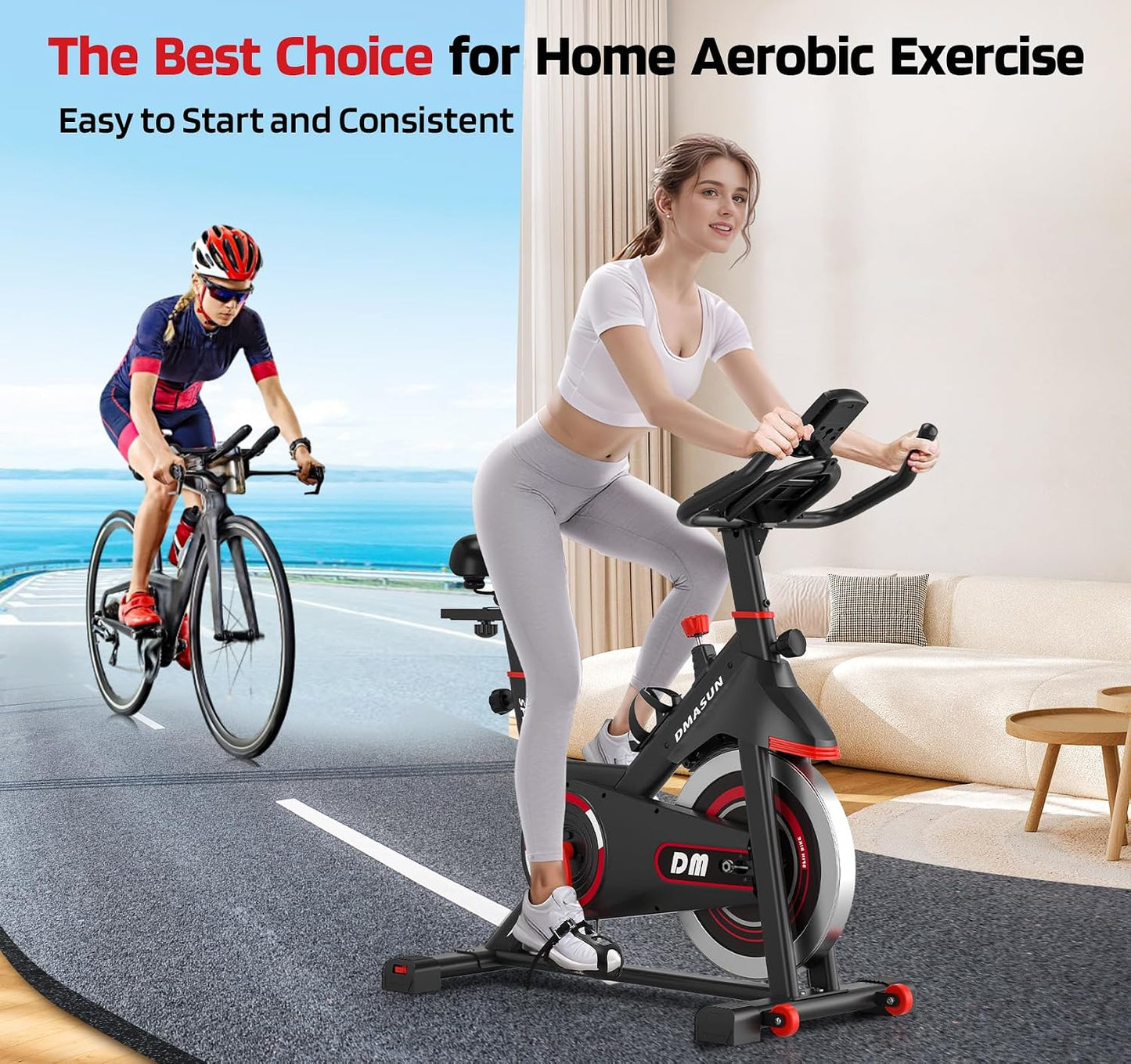 DMASUN Exercise Bike, Silent Magnetic Resistance Stationary Bike for Home with App Compatible, 330 LBS Capacity, Indoor Bike with Comfortable Seat Cushion and Tablet Holder