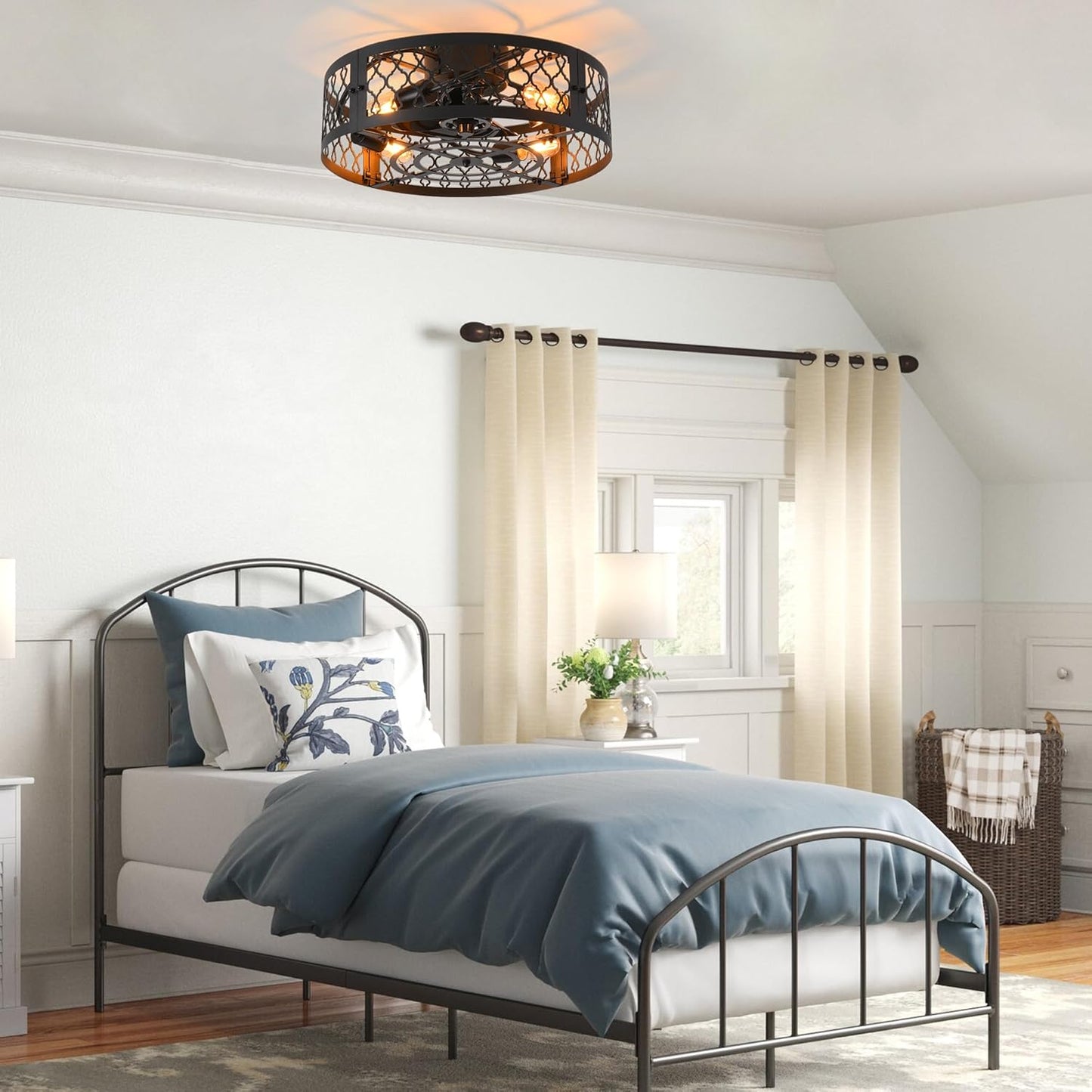 Garwarm Caged Low Profile Ceiling Fan with Lights and Remote, 20in Rustic Flush Mount Small Farmhouse Bladeless Ceiling Fan for Bedroom, Kitchen, Dining Room