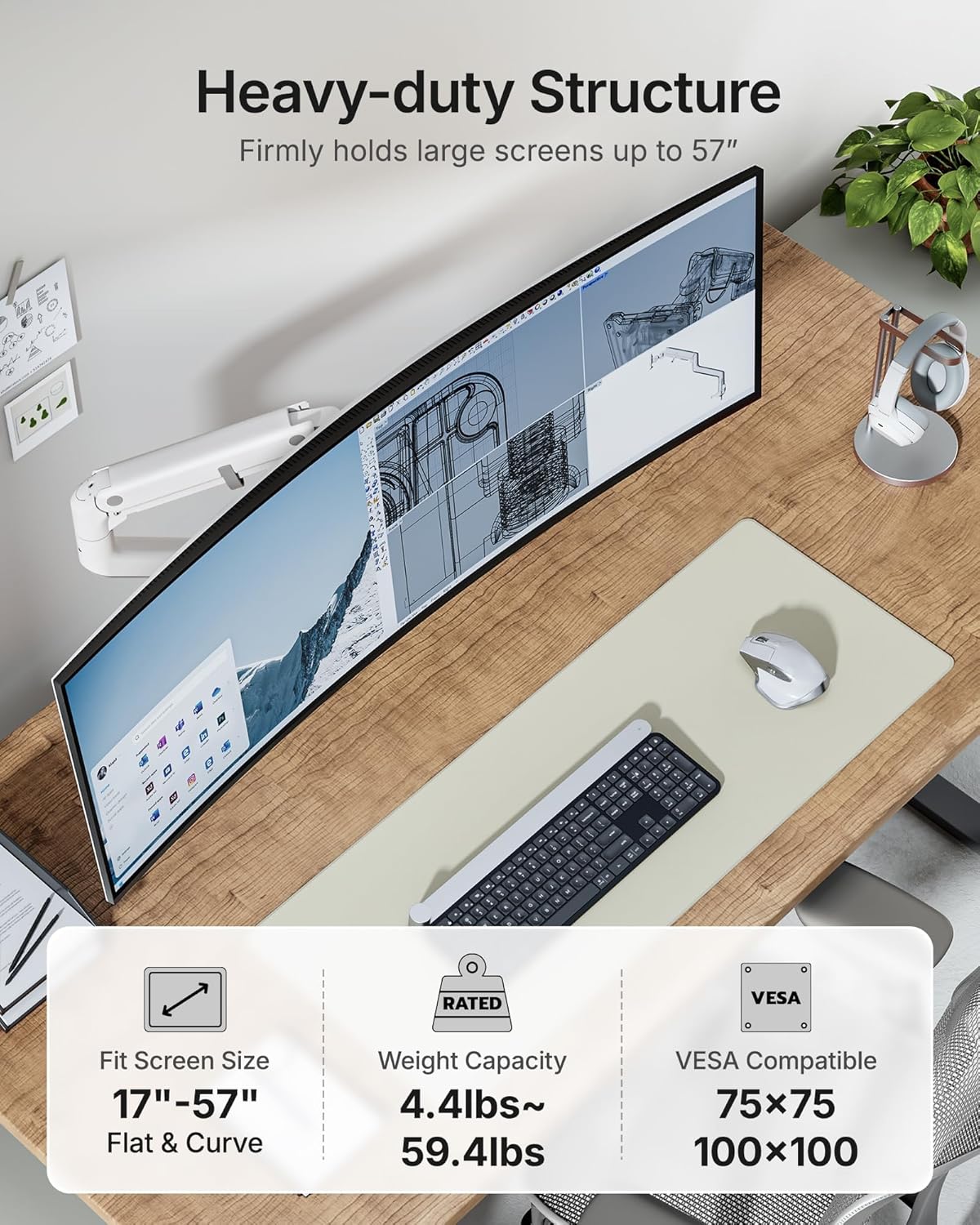monTEK Heavy-Duty Monitor Arm for 17-57" Ultrawide Curved Screen, Supports up to 59.4 lbs, Adjustable Gas Spring Arm, 75/100 VESA Mount, Clamp & Grommet Desk Monitor Mount Single, Black