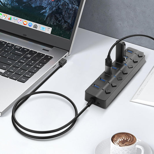 90 Degree USB Hub Splitter YACSEJAO USB 2.0 Data Hub with Individual LED Button On/Off Switch DC5.5 * 2.1 Power Port for Laptop,PC Computer (7 Ports, 1M) - PuriLite