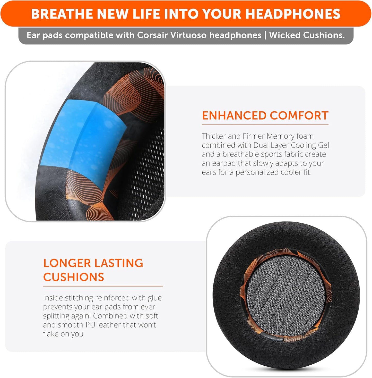 WC Freeze Virtuoso - Hybrid Fabric Cooling Gel Replacement Earpads for Corsair Virtuoso Gaming Headset, Made by Wicked Cushions, Improved Durability, Thickness and Sound Isolation |90s Black