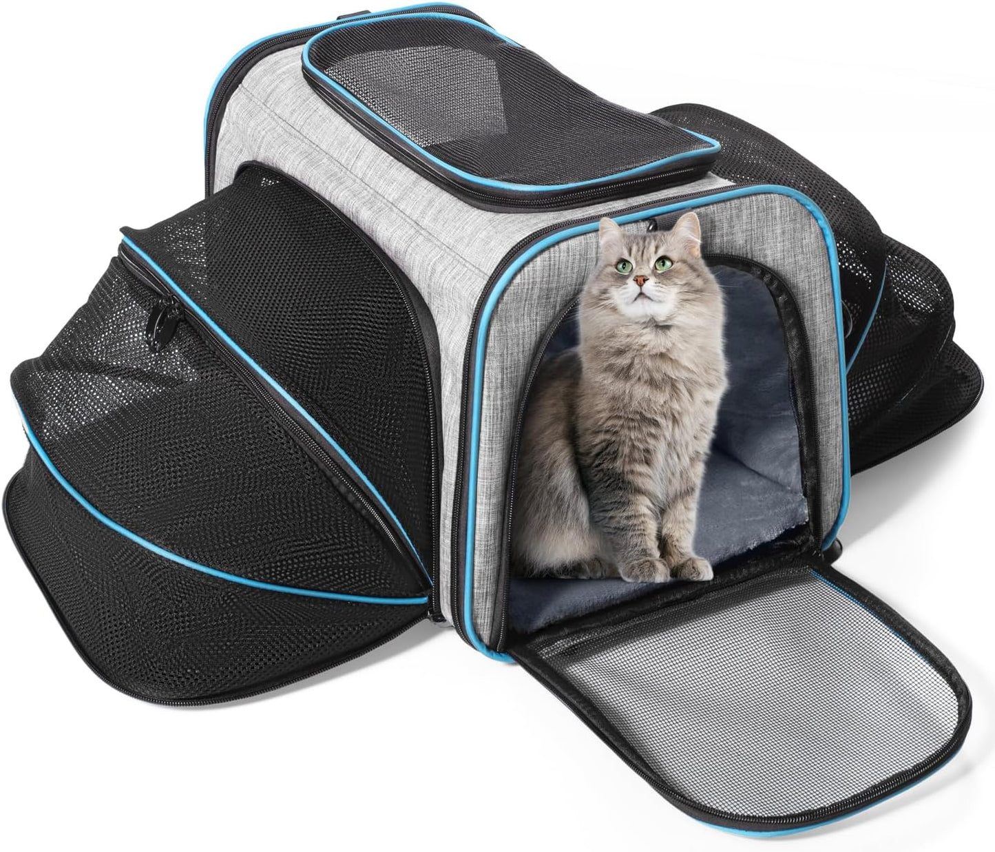 Siivton Cat Carrier,4 Sided Expandable Pet Carrier for Travel,Collapsible Soft-Sided Carriers with Removable Fleece Pad and Shoulder Straps,Airline Approved(17.5"x 11"x 11")