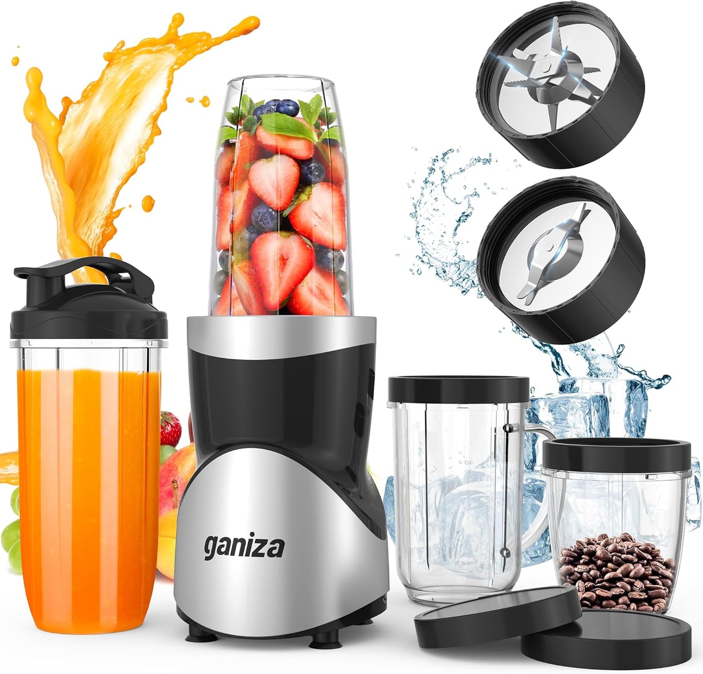 Smoothie Blender, Ganiza Blenders for Smoothies with 15-Piece Blender and Grinder Combo, 4 BPA-Free Personal Blender Cup, for Shakes, Protein Drinks, Fruit Vegetable Drink, Nuts, Spices, Coffee Beans