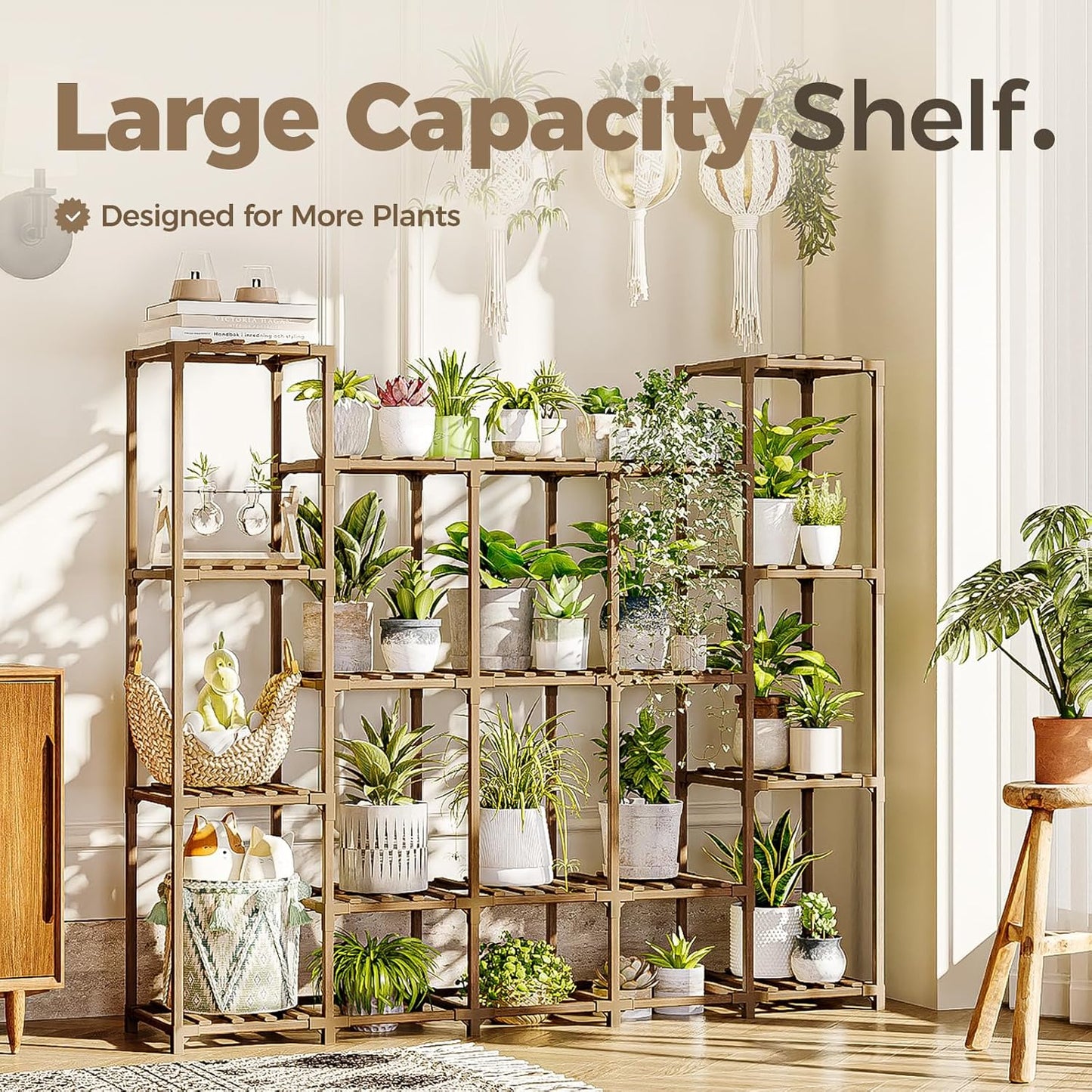 Bamworld Plant Stand Indoor Outdoor Hanging Plant Shelf for Multiple Plants Pots Wood Flower Stand Tall Large Flower Holder for Living Room, Patio, Balcony, Garden Decor, Brown