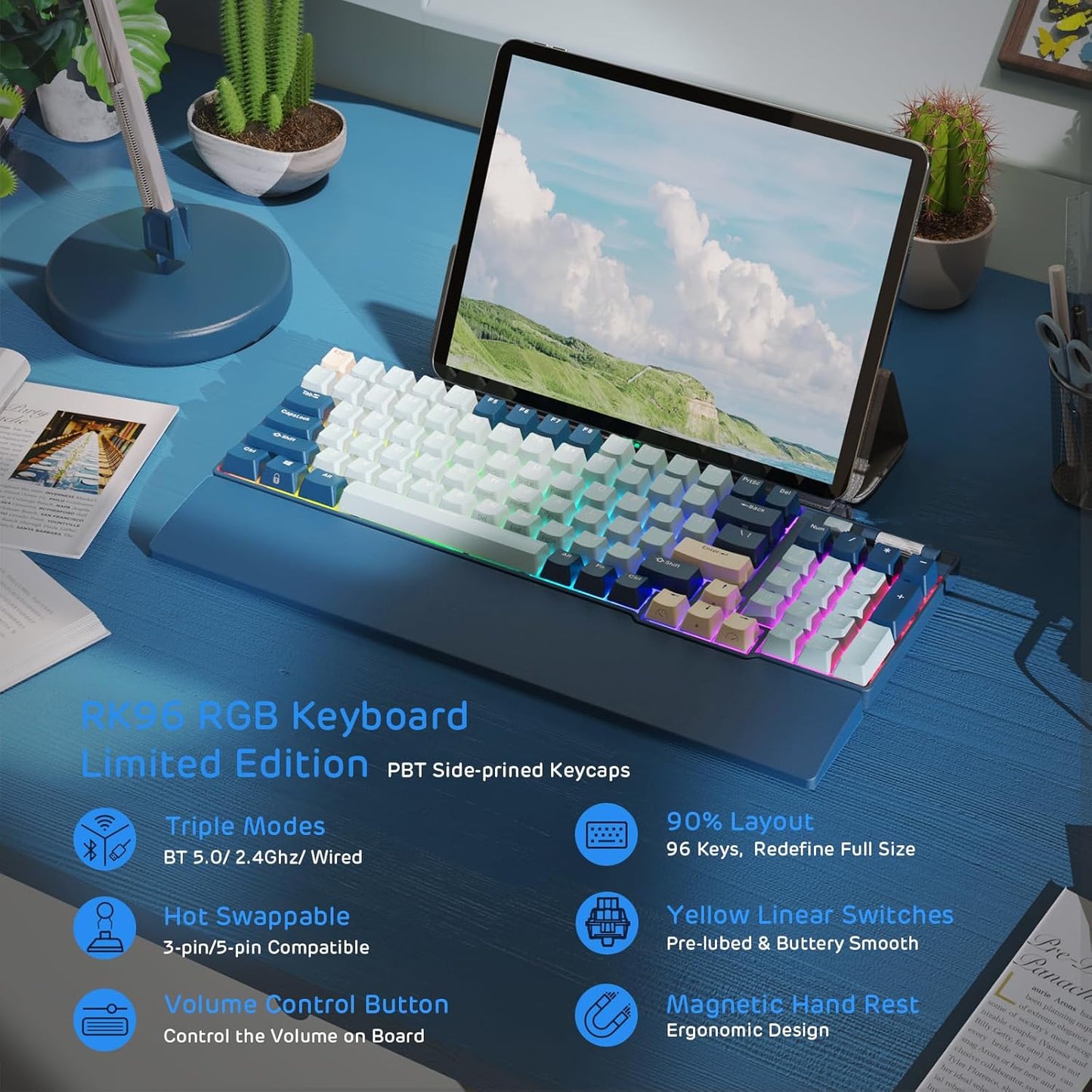 RK ROYAL KLUDGE RK96 RGB Limited Ed, 90% 96 Keys Wireless Triple Mode Bluetooth 5.0/2.4G/USB-C Hot Swappable Mechanical Keyboard w/Software Support & Massive Battery, RK Yellow Switch, Camp Green