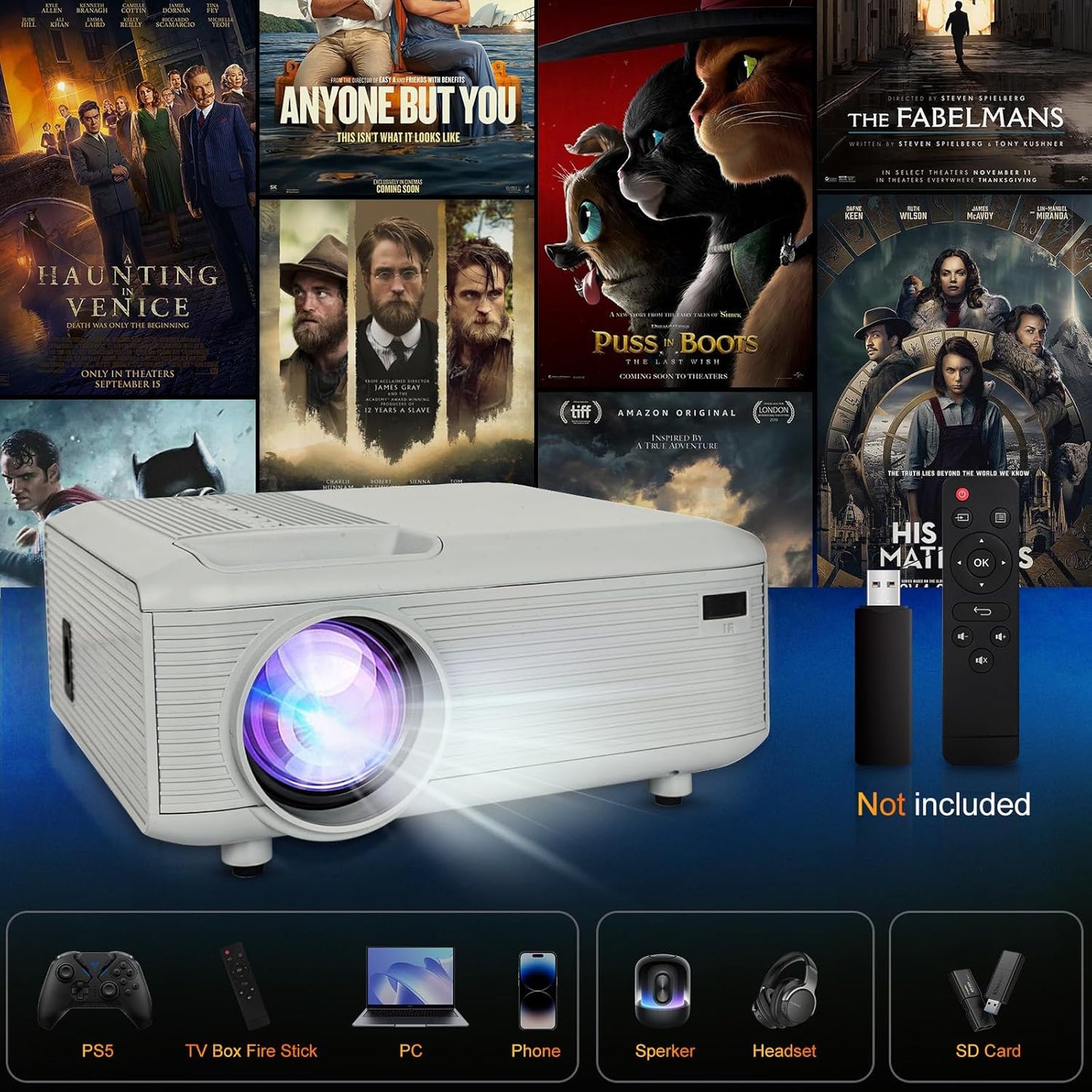 Mini Portable Projector (Built-in Speaker and Bluetooth),Native 1080P, Projector 4K Supports, Compatible with Smart Phones/TV Sticks/Video Games/Laptop/HDMI/USB, for use in Home, Bedroom and Outdoors