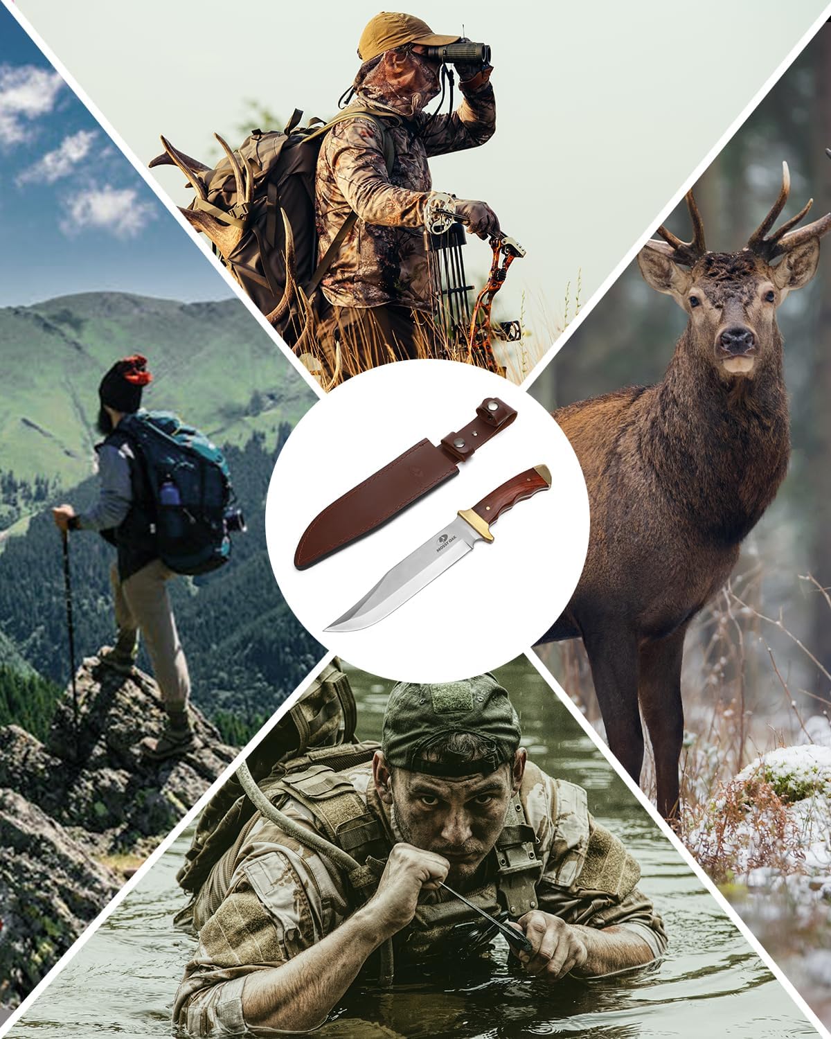 MOSSY OAK 14-inch Bowie Knife, Full-tang Fixed Blade Wood Handle with Leather Sheath for Camping Survival