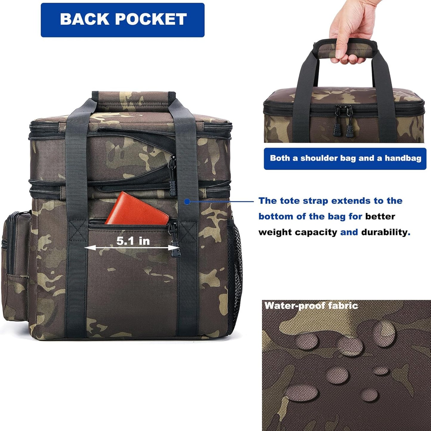 Tactical Lunch Bag for Men, Large Leakproof Insulated Lunch Box, Lunch Cooler Bag with Shoulder Strap, Lunch Pail for Adults Work Outdoor Picnic Trips, Black Camo
