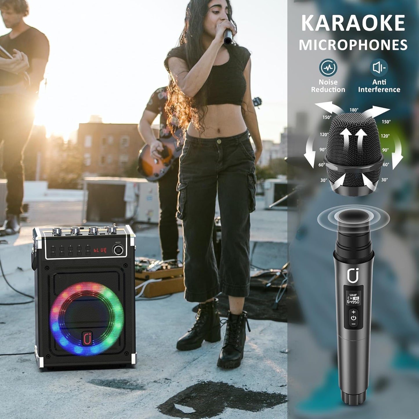 JYX Karaoke Machine with Two Wireless Microphones, Portable Bluetooth Speaker with Bass/Treble Adjustment, Remote Control and LED Lights, Supports TF Card/USB, AUX in, FM, REC for Party