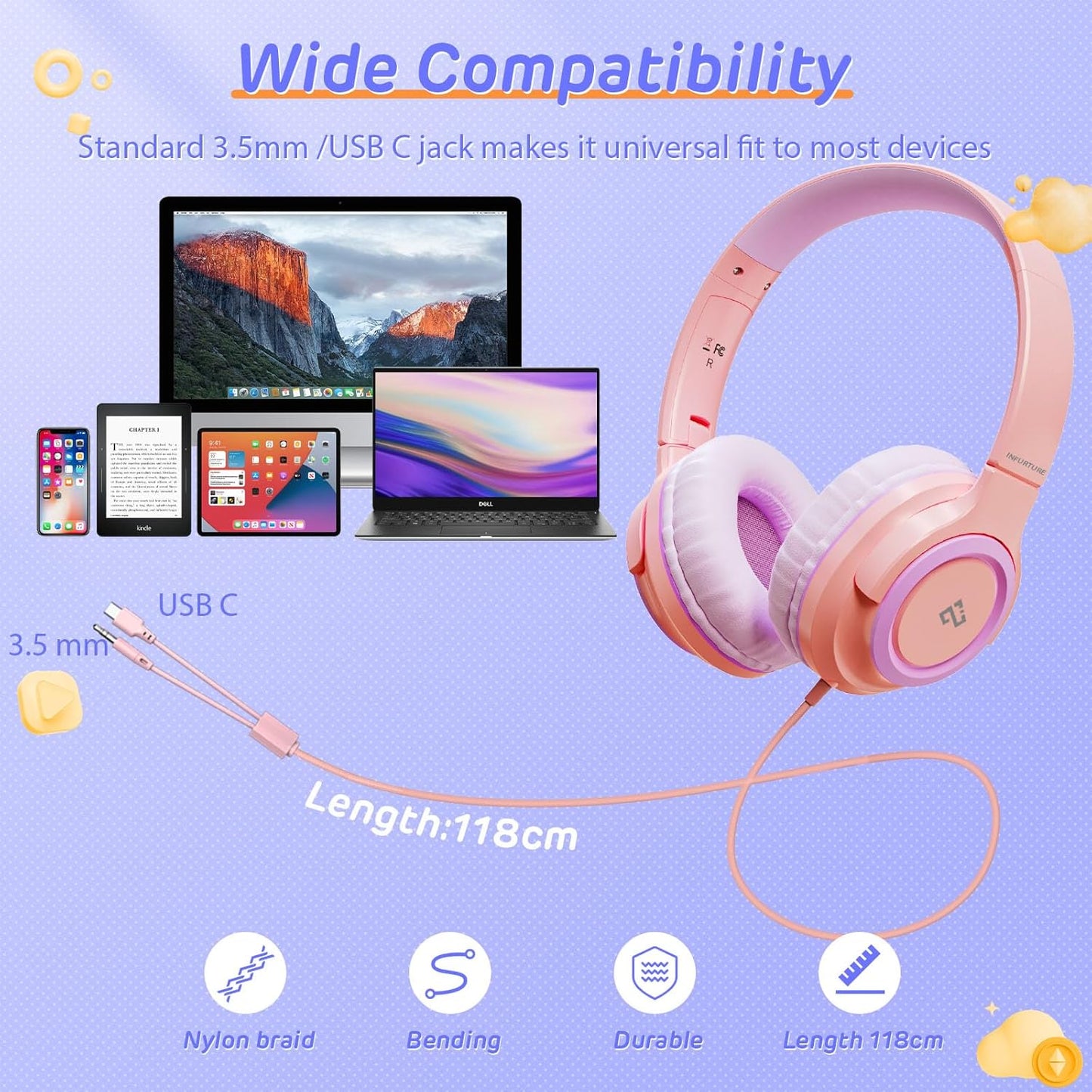 INFURTURE Kids Headphones for School Travel, 94dB Safe Volume Limited, HD Mic Stereo Sound Over-Ear Girls Boys Headphones for Kid, Foldable 3.5mm and USB-C Wired Headphones for iPad Computer