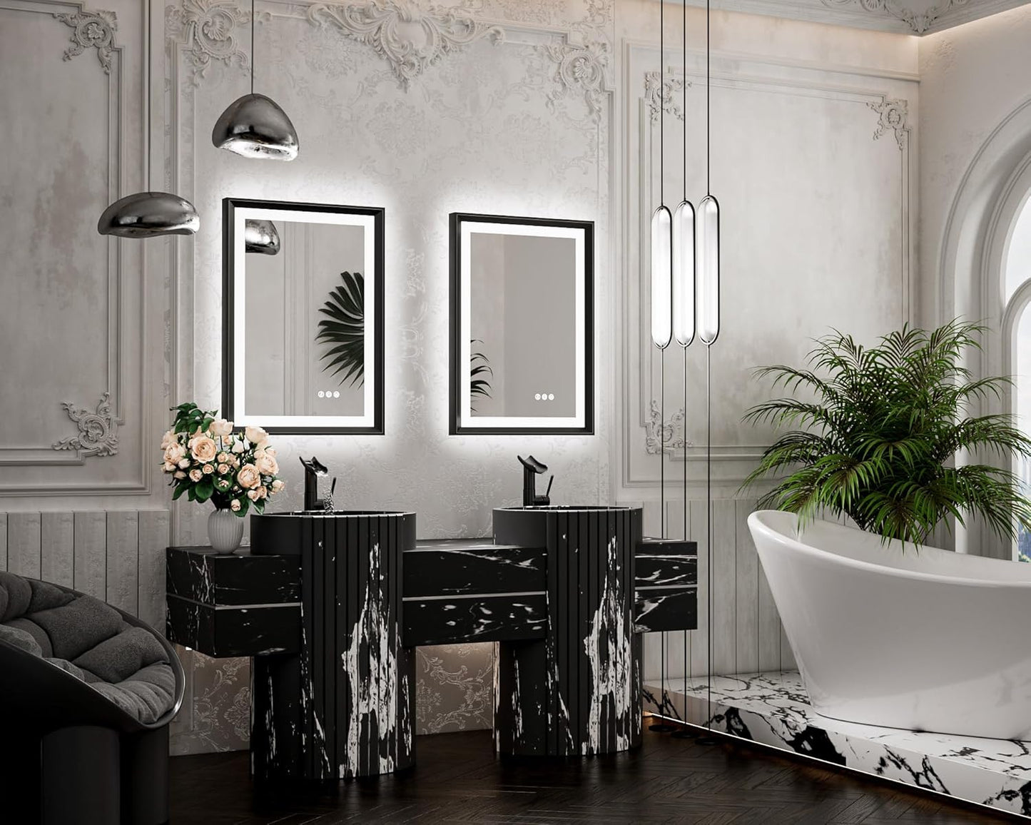 TETOTE 28x36 LED Mirror for Bathroom Black Metal Frame Frontlit & Backlit Lighted Vanity Mirror Baroque Gothic Anti Fog Stepless Dimmable White/Warm/Natural,Wall Mounted(Horizontal/Vertical)