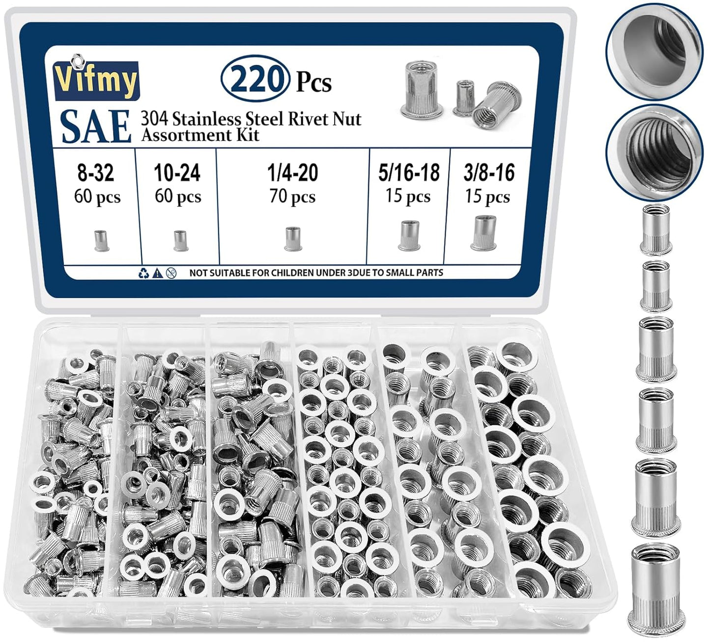 Vifmy Metric & SAE Rivet Nut Assortment Kit(420 Pcs),m3 m4 m5 m6 m8 m10 m12#6-32#8-32#10-24 1/4"-20 5/16"-18 3/8"-16 UNC Flat Head Rivnut Set,Zinc Plated Finish Carbon Steel Nutsert