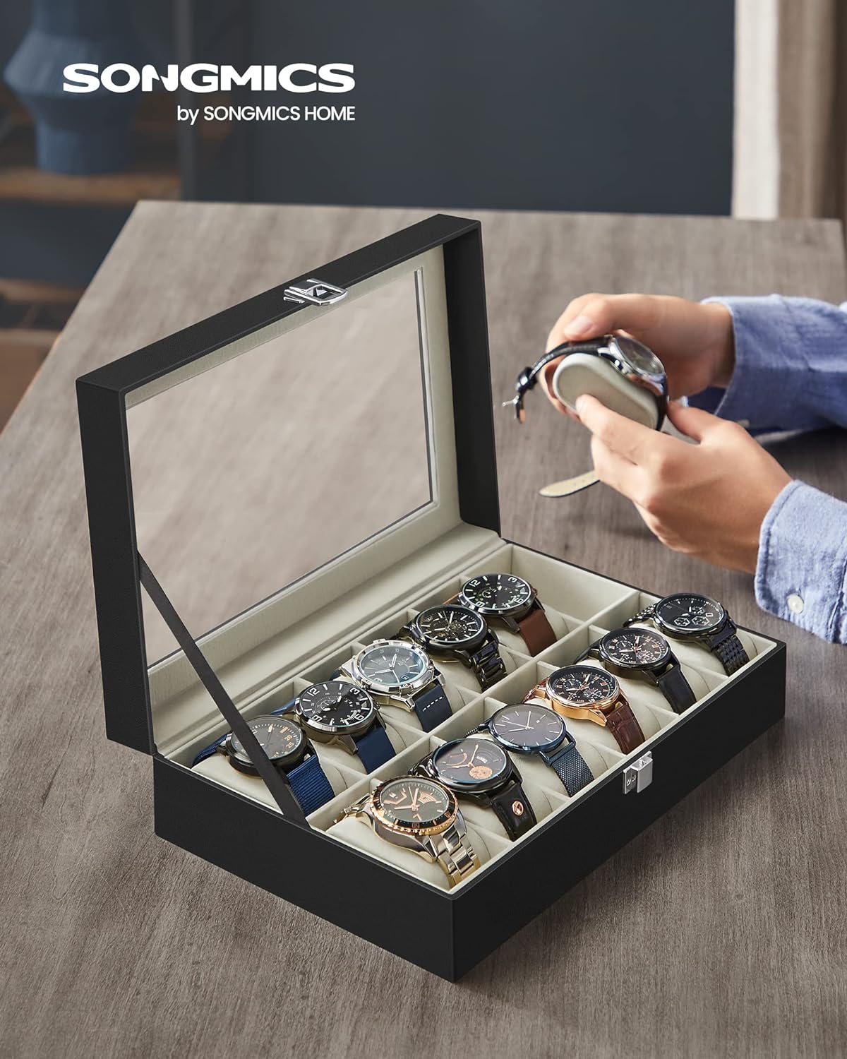 SONGMICS Watch Box, 6-Slot Watch Case, Watch Box Organizer, Black Synthetic Leather, Greenish Gray Lining UJWB06BK