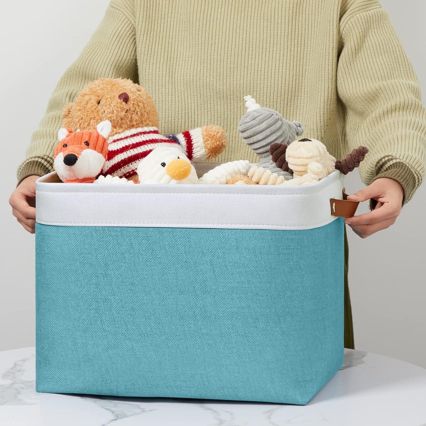 DULLEMELO Storage Baskets for Shelves, Fabric Collapsible Rectangular Storage Bins for Shelves, Closets, Nursery, Home, Office, Empty Gift Baskets (White&Teal)