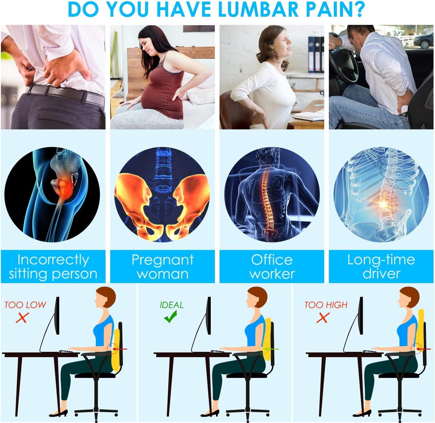 Gel Lumbar Support for Office Chair Back Support for Lower Back Pain Relief Cooling Chair Back Support Cushion Improves Posture Back Rest Memory Foam Back Support Pillow for Gaming Chair, Driving Seat