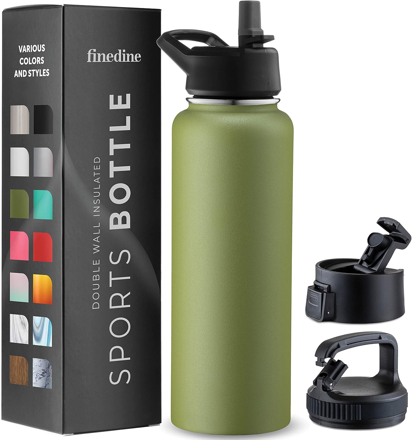 FineDine Water Bottle - Stainless Steel Insulated Water Bottle with Straw Lid, Flip Lid & Wide-Mouth Cap - Keeps Hot and Cold - 25 Oz / 739ml - Pure Pearly White
