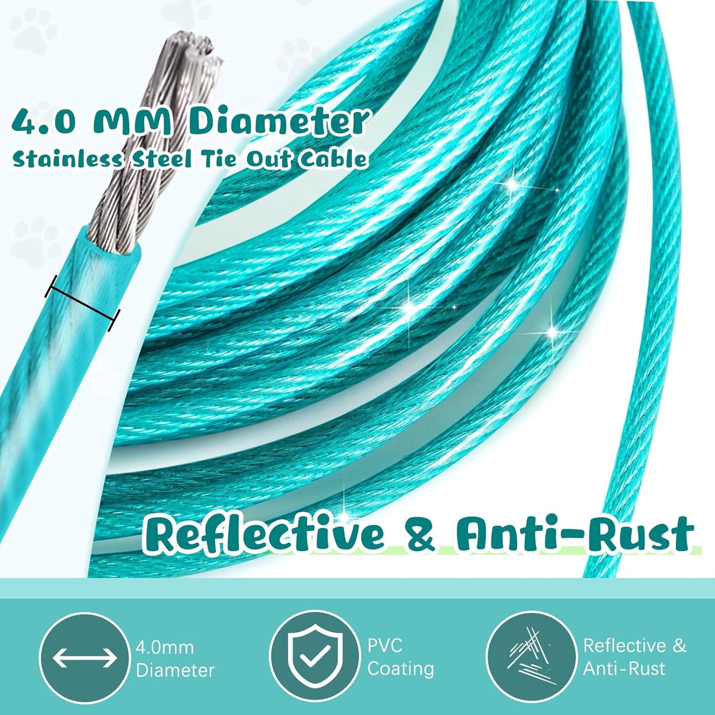 Tie Out Cable for Dogs, 10FT Dog Leads for Yard Chew Proof, Heavy Duty Dog Tie Out Cable for Large Dogs Up to 126lbs, Durable Dog Runner for Yard or Camping