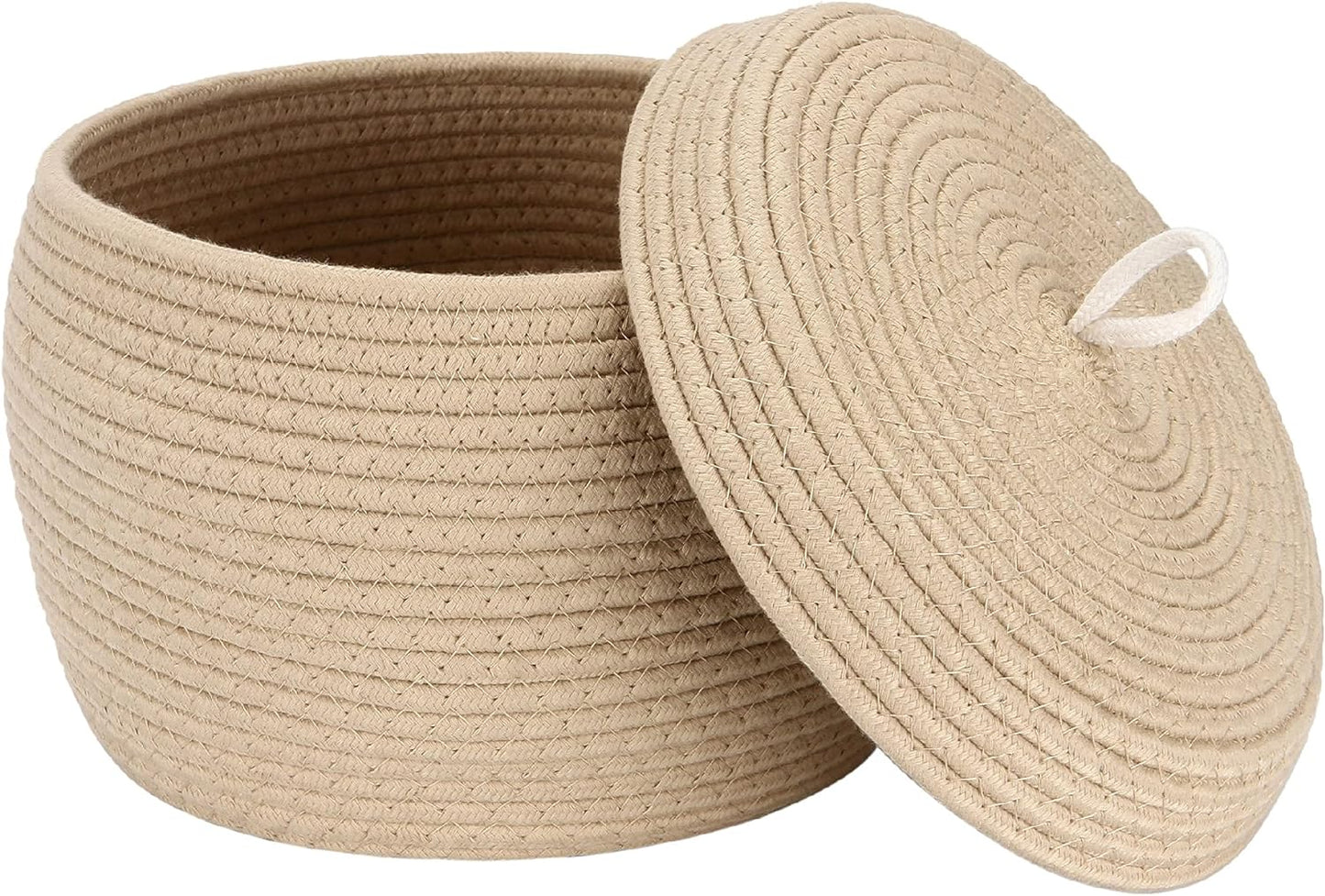 Sea Team Round Cotton Rope Storage Basket with Lid, Decorative Woven Storage Bin, Pot, Caddy, Organizer, Container for Snacks, Towels, Plants (Grey, Small)
