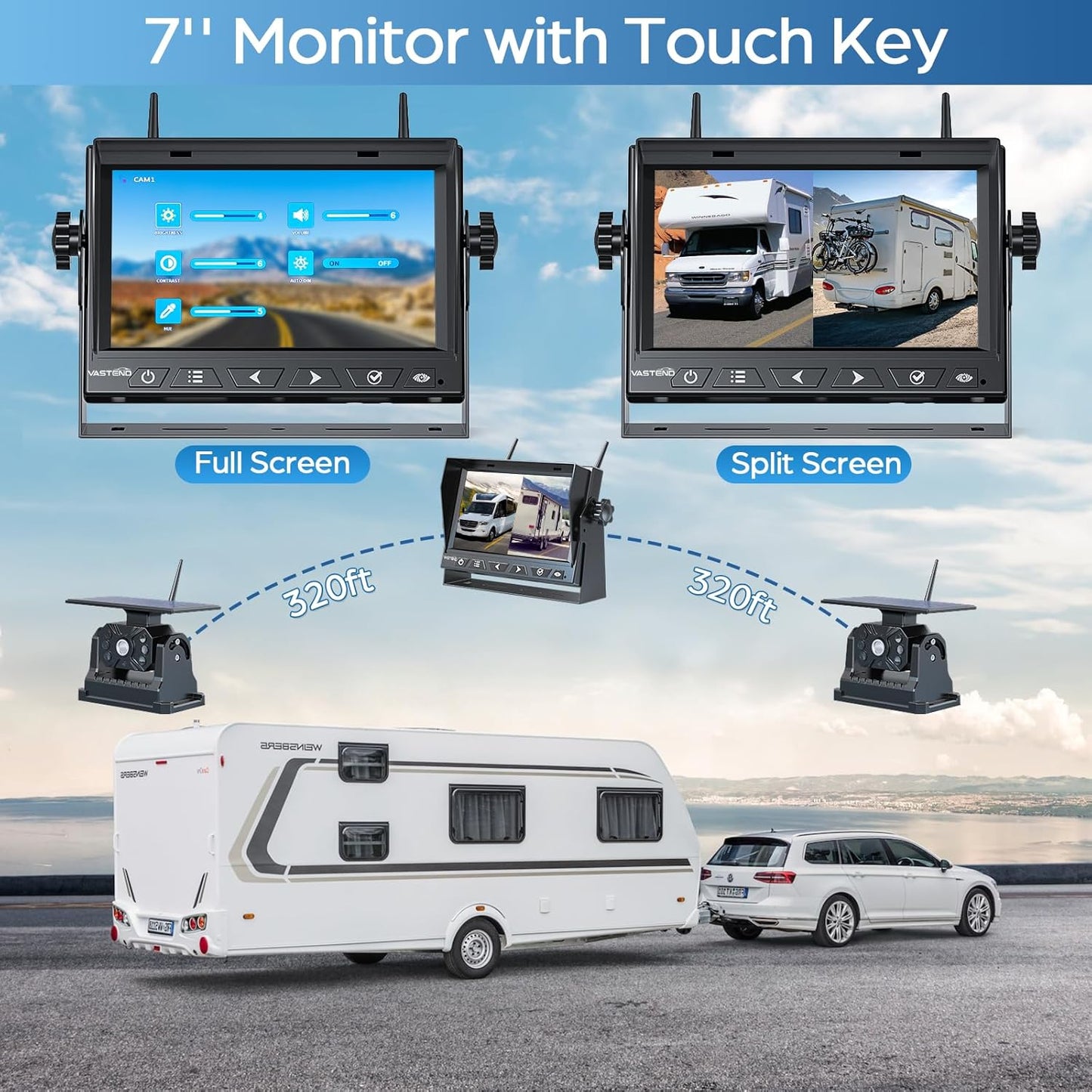 Magnetic Solar Wireless Backup Camera No Installation VASTEND 7'' Rear View Camera for Car No Delay 10000mAh Rechargeable RV Backup Camera 1080P for Truck Trailer Camper (VS-7A)