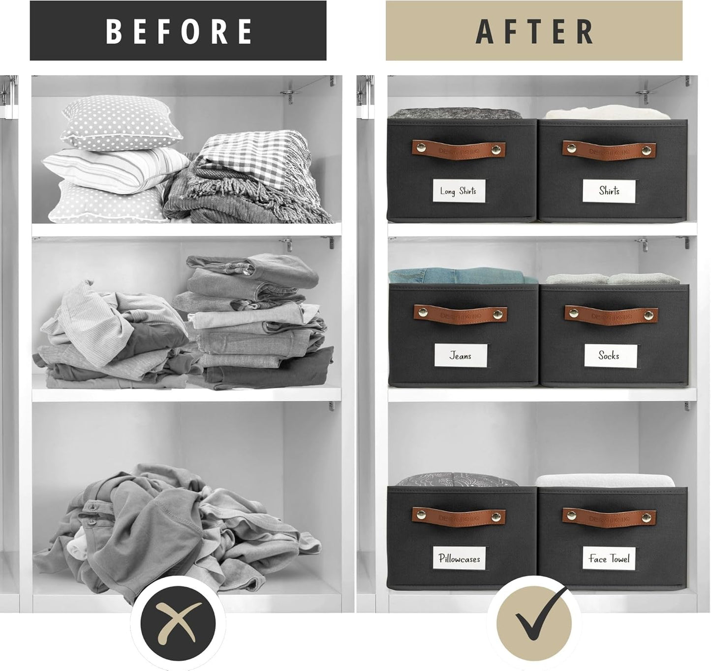 DECOMOMO Cube Storage Bin, Storage Cubes with Labels, Baskets for Shelves Kallax Linen Closet Organizers (Cube 10.5x11"/ 6pcs, Black)