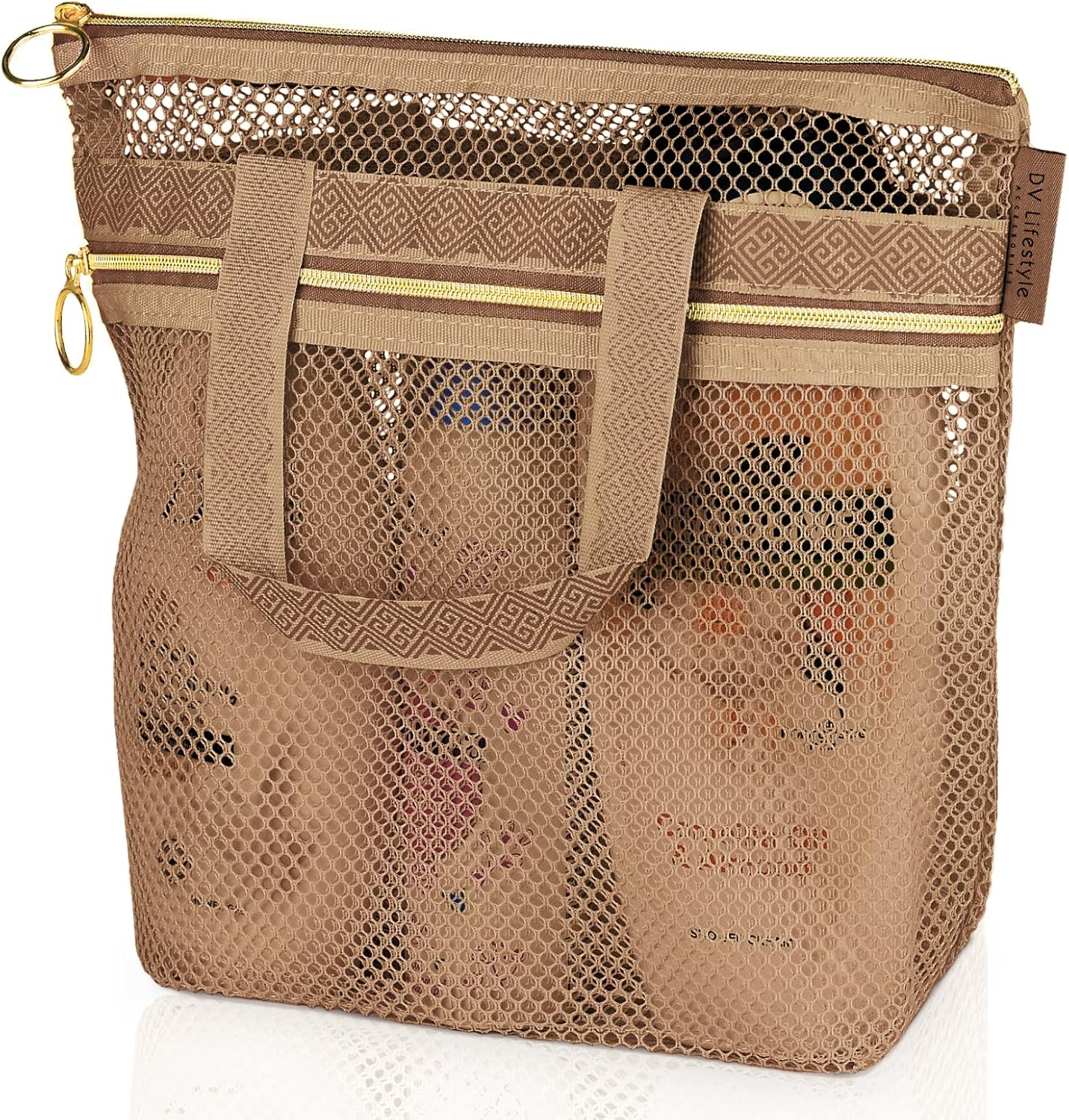 Mesh Shower Caddy Portable 10.2x9.9'' Shower Bag with Zipper & 2 Pockets. Shower Tote Ideal for Gym, Travel, Camp, Beach, for Sunscreen, Dorm & College Essentials (Black)