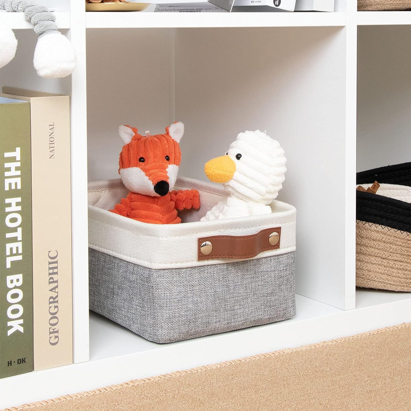 DULLEMELO Storage Baskets for Shelves, Fabric Collapsible Rectangular Storage Bins for Shelves, Closets, Nursery, Home, Office, Empty Gift Baskets (White&Teal)