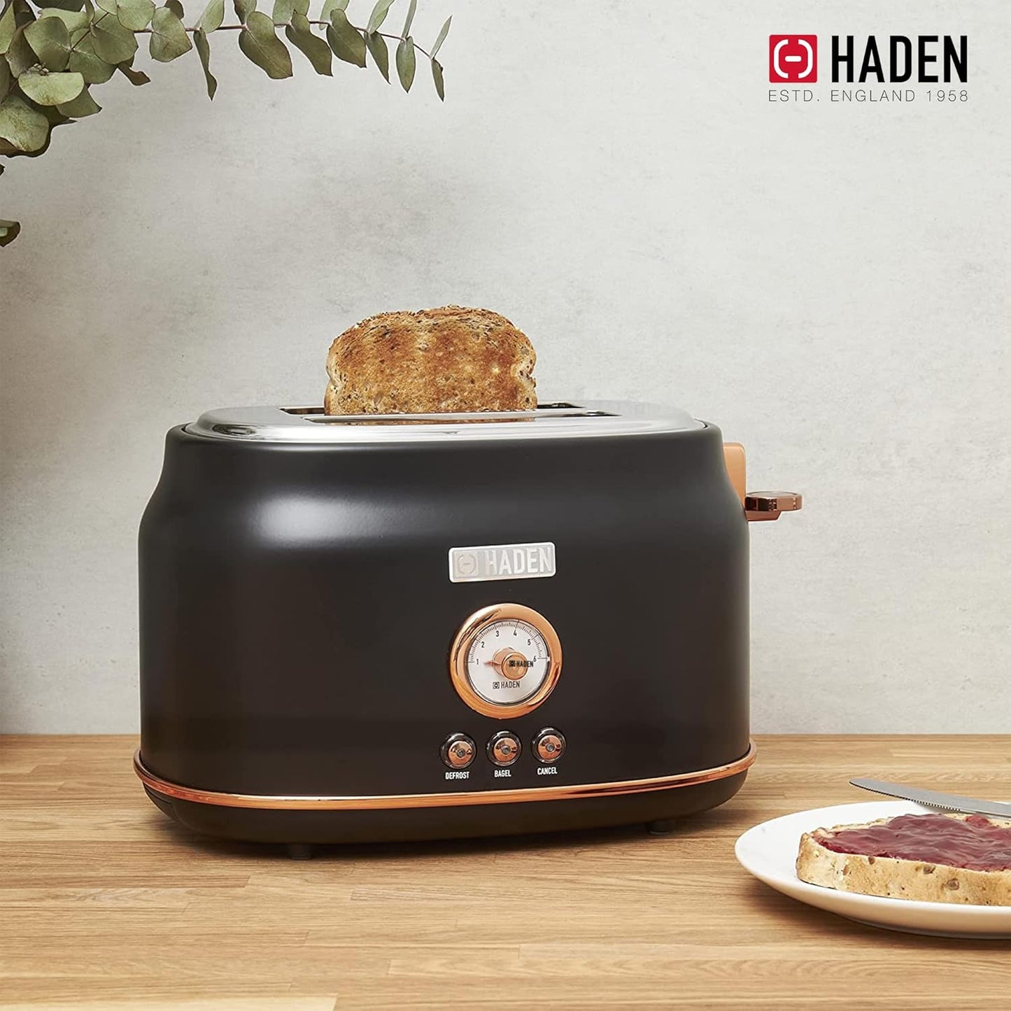 Haden Dorset 75083 Stainless Steel 1500W Retro Toaster 4 Slice Wide Slot w/Removable Crumb Tray and Settings, Black/Copper Toasters w/Adjustable Browning Control, Smart Toaster