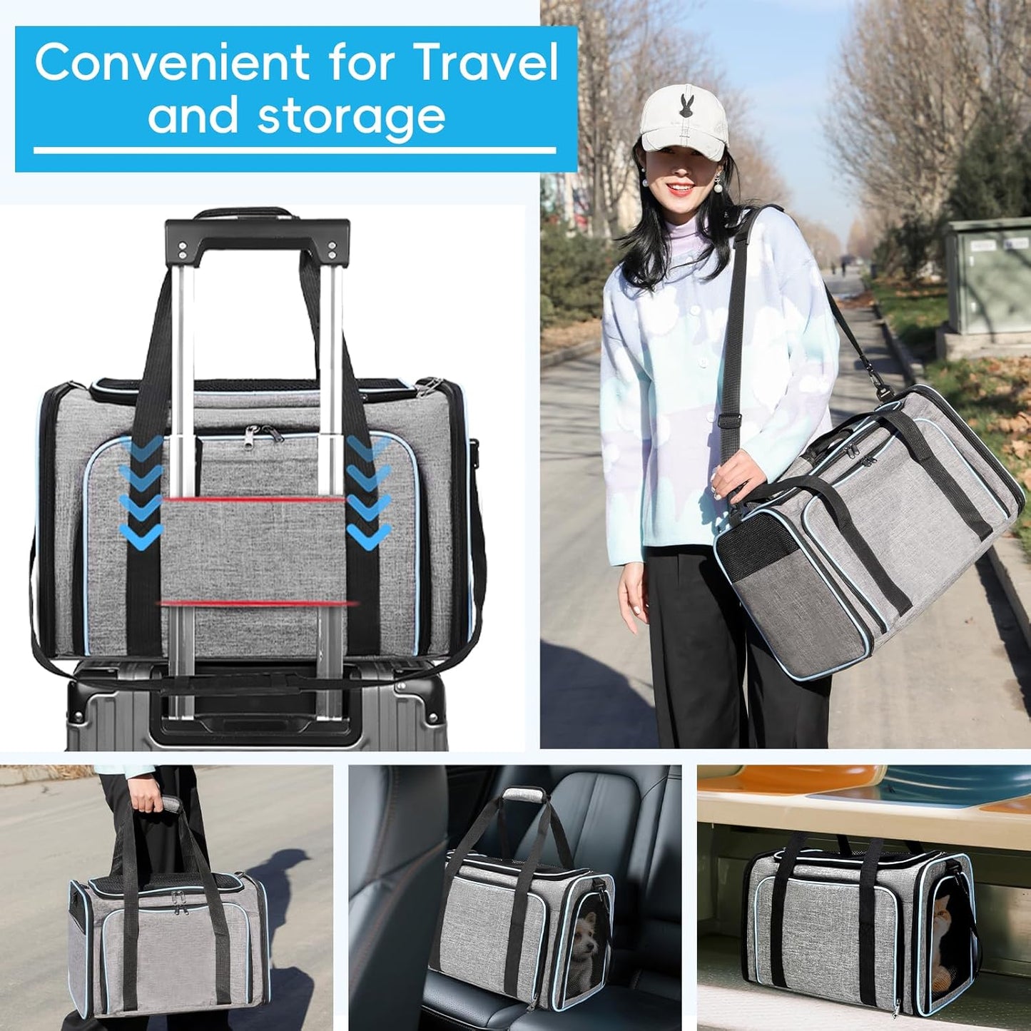 Expandable Cat Carrier,Pet Carrier Airline Approved 5-Side Ventilation Soft Cat Carrier Bag with Removable Fleece Pad and Shoulder Straps Fit Pets (40L x 25W x 25H cm)