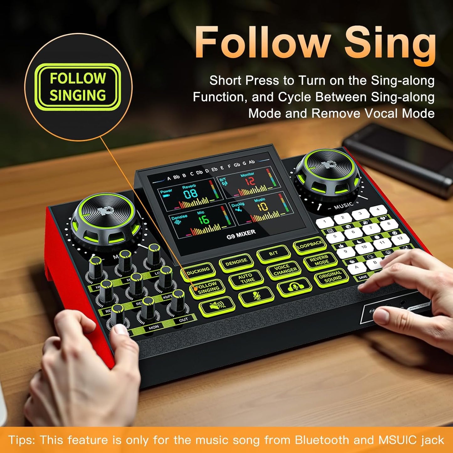 Tenlamp G9 Podcast Audio Mixer, Compatible with 3.5mm Microphones, Live Sound Card for PC/Phone Streaming Content Creators, with Noise Reduction and One-Touch Mute