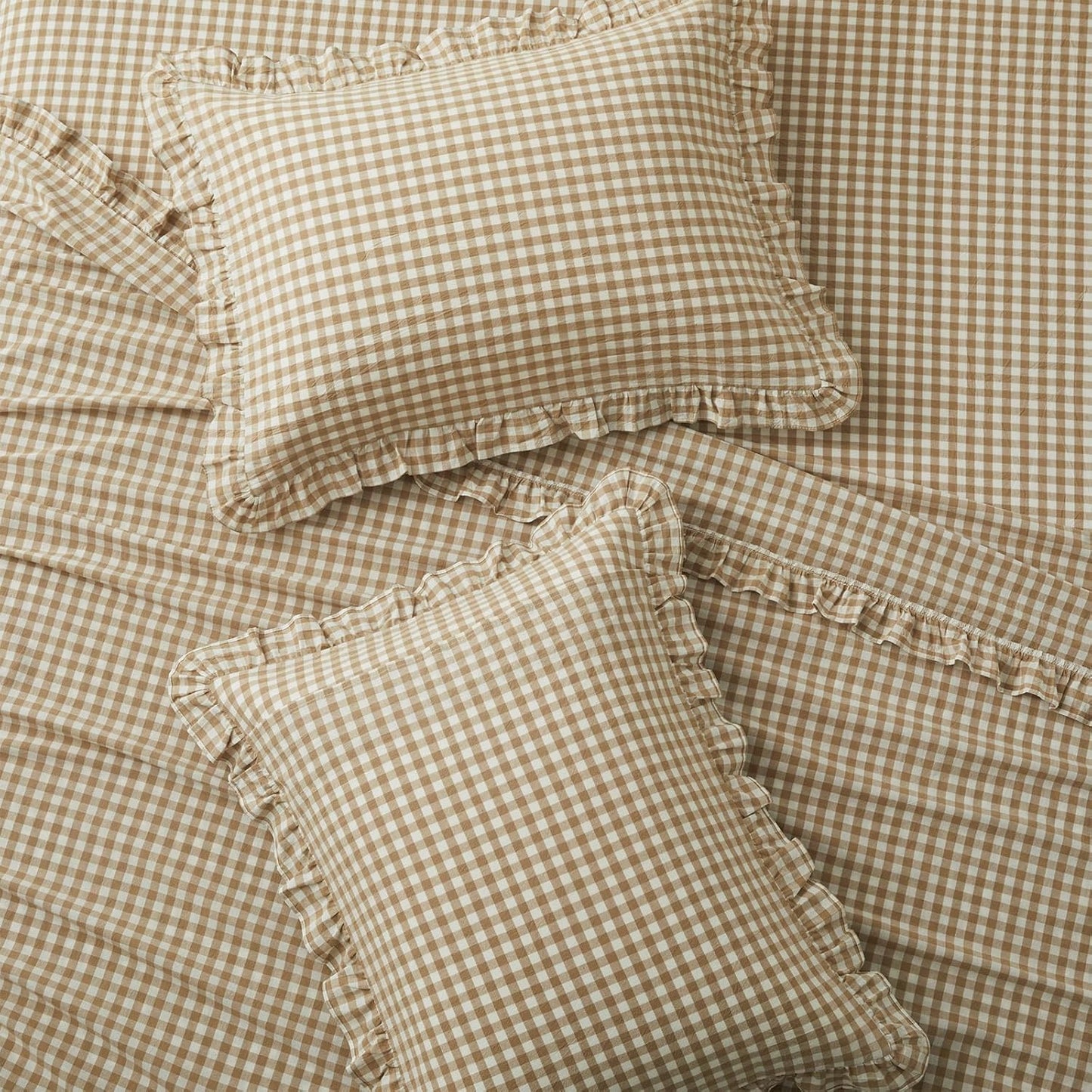 KKJIAF 3 Pieces Plaid Ruffle Twin Bed Sheets, Gingham Twin Sheet Set Comfy Breathable Ruffed Bed Sheet Set with 16 Inch Deep Pocket, Dusty Blue