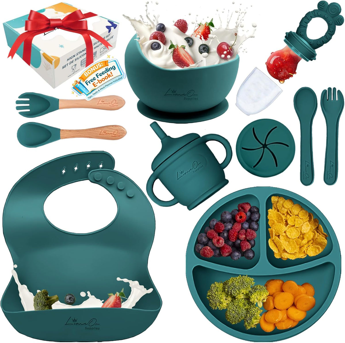 Silicone Baby Feeding Set, 14PCS, Silicone Bibs Baby Plates and Bowls Set